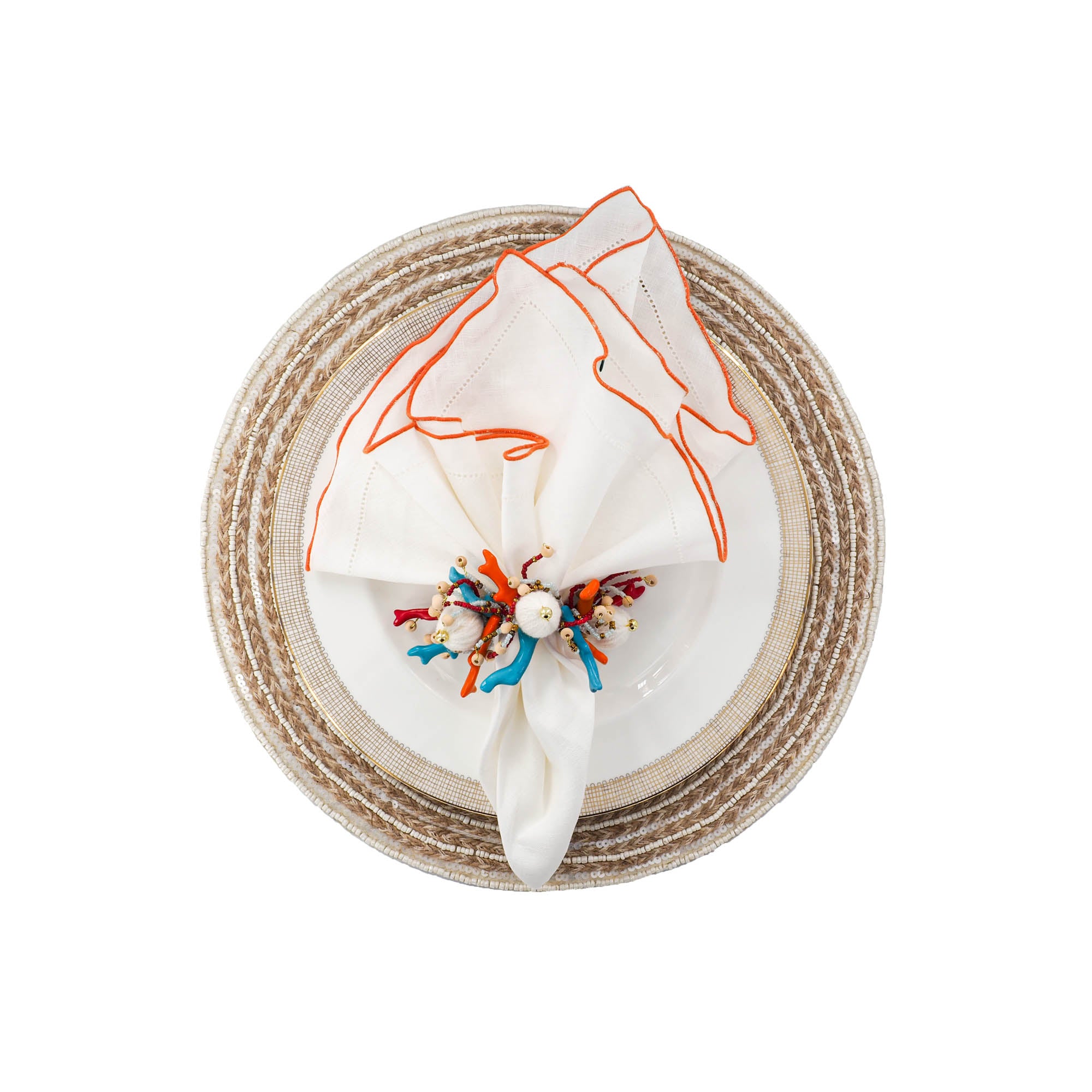 Linen Napkins With Orange Ruffled Edges, Set of 4