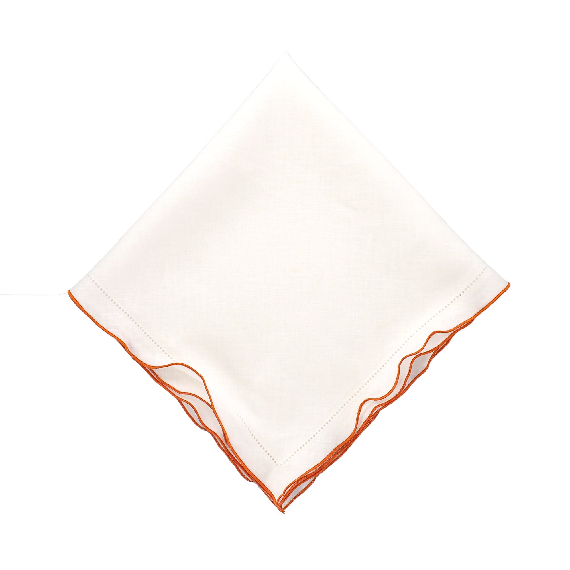 Luxury white linen napkin with orange ruffle hemstitched edge, set of 4 on white background