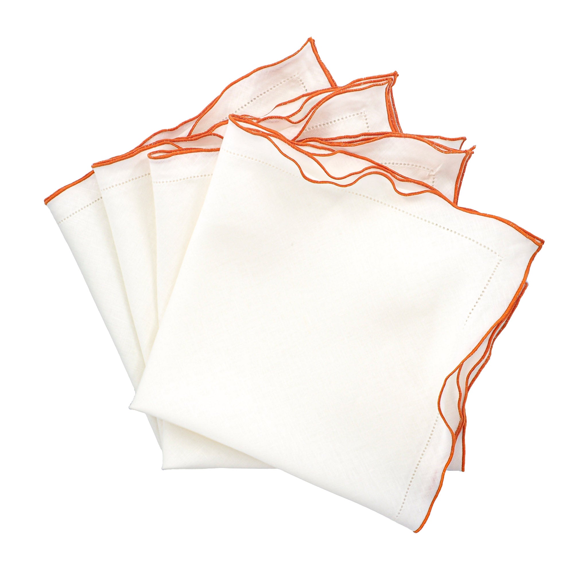 White linen napkins with orange ruffled hemstitched edge, set of 4, luxury cloth dinner napkins on white background