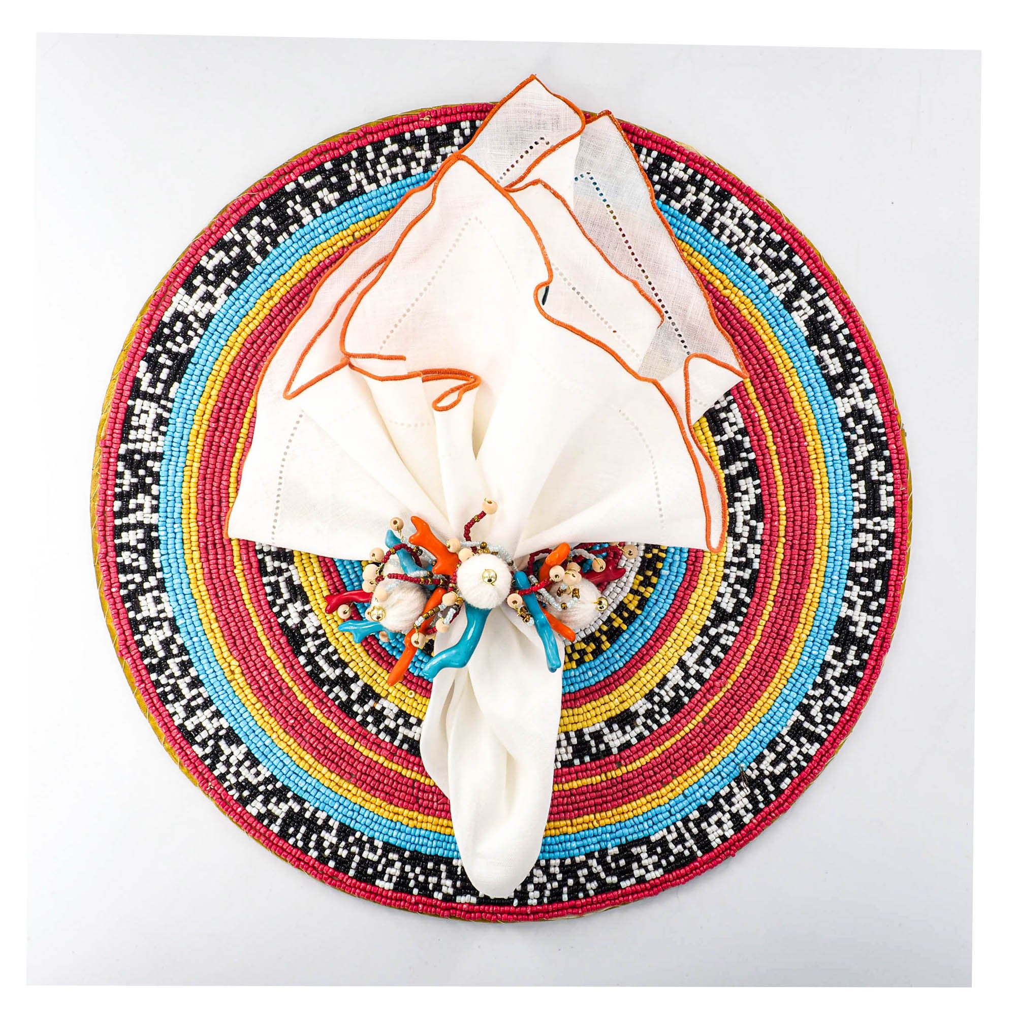 Durable white linen napkins with orange ruffled hemstitch edges, machine washable, designed for luxurious and tactile dining. Thoughtfully crafted for special occasions such as family and friend gatherings, dinner parties, Easter, Thanksgiving, 