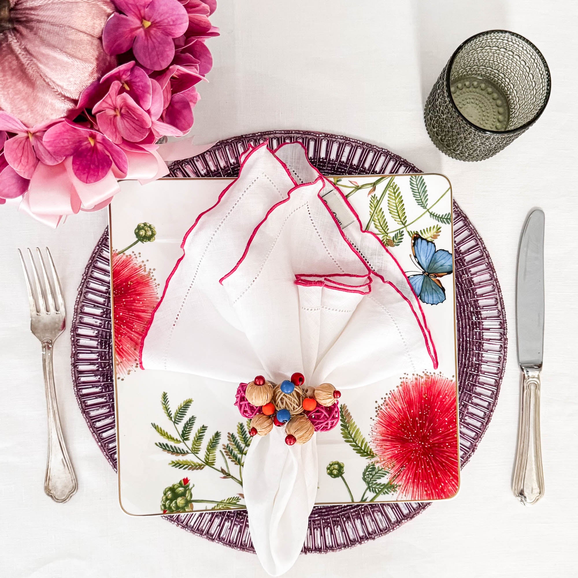 Linen Napkins With Pink Ruffled Hemstitch Edges, Set of 4