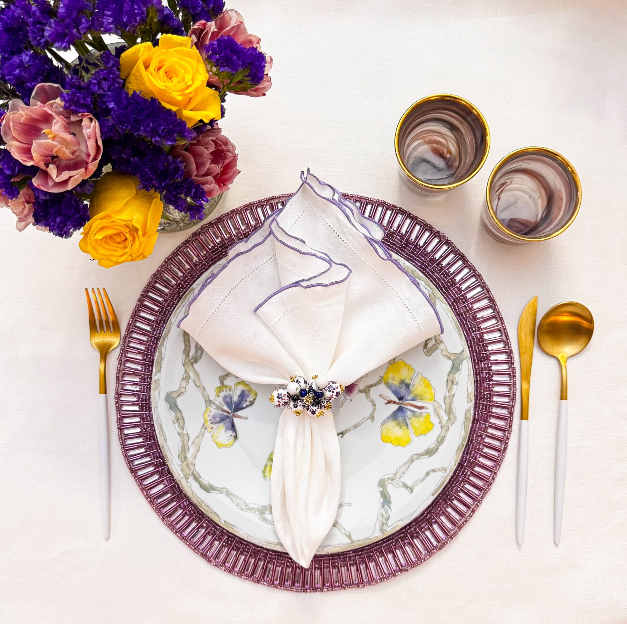 Linen Napkins With Purple Ruffled Hemstitch Edges, Set of 4