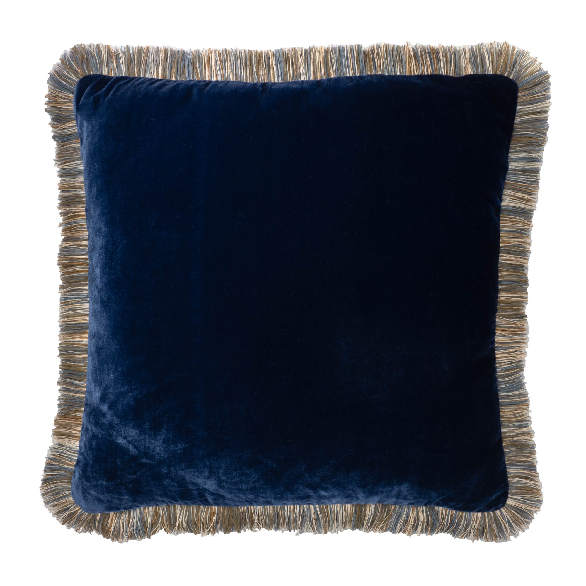 Luxurious Navy Silk Velvet Throw Pillow with Beige Fringes, 20 x 20, handcrafted for a rich texture and a chic, elegant addition to your couch.