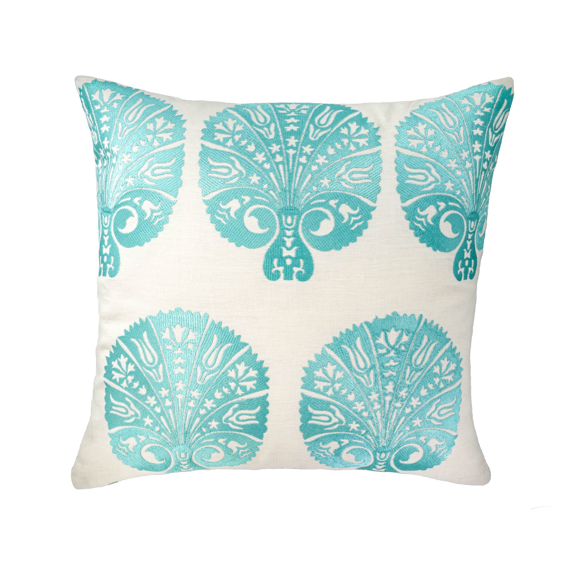 a refined accent in mint green ecorative pillow with turquoise peacock pattern on a white background, perfect for stylish homes  & thoughtful gifting