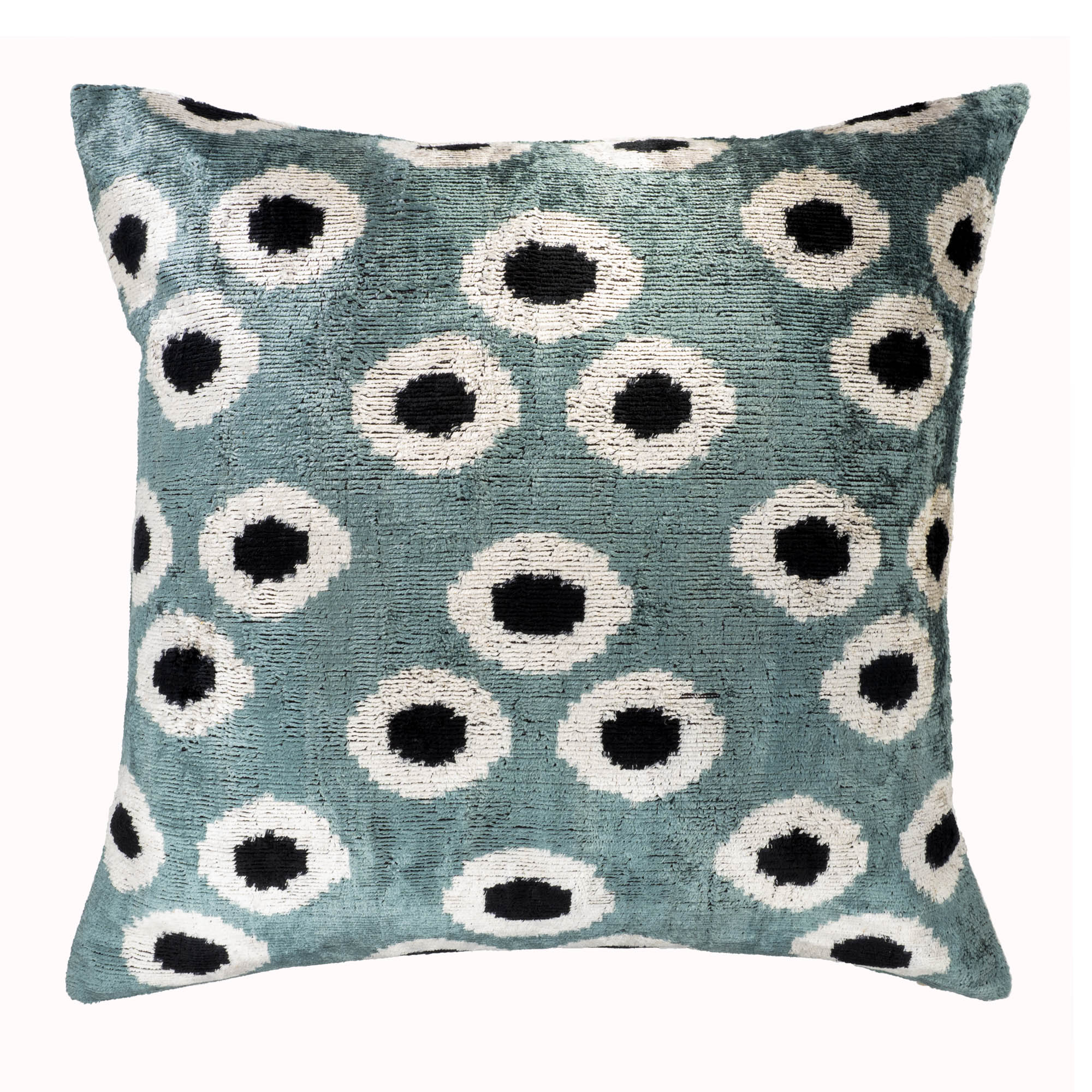 Chouchou Touch Orbs Silk Velvet Ikat Pillow Cover, 20" x 20", featuring circular black and white patterns on a teal backdrop.
