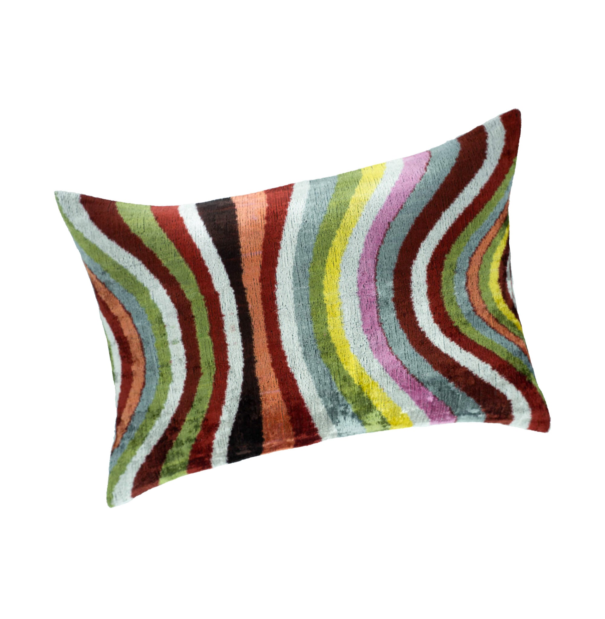 Colorful wavy striped silk velvet ikat lumbar pillow cover