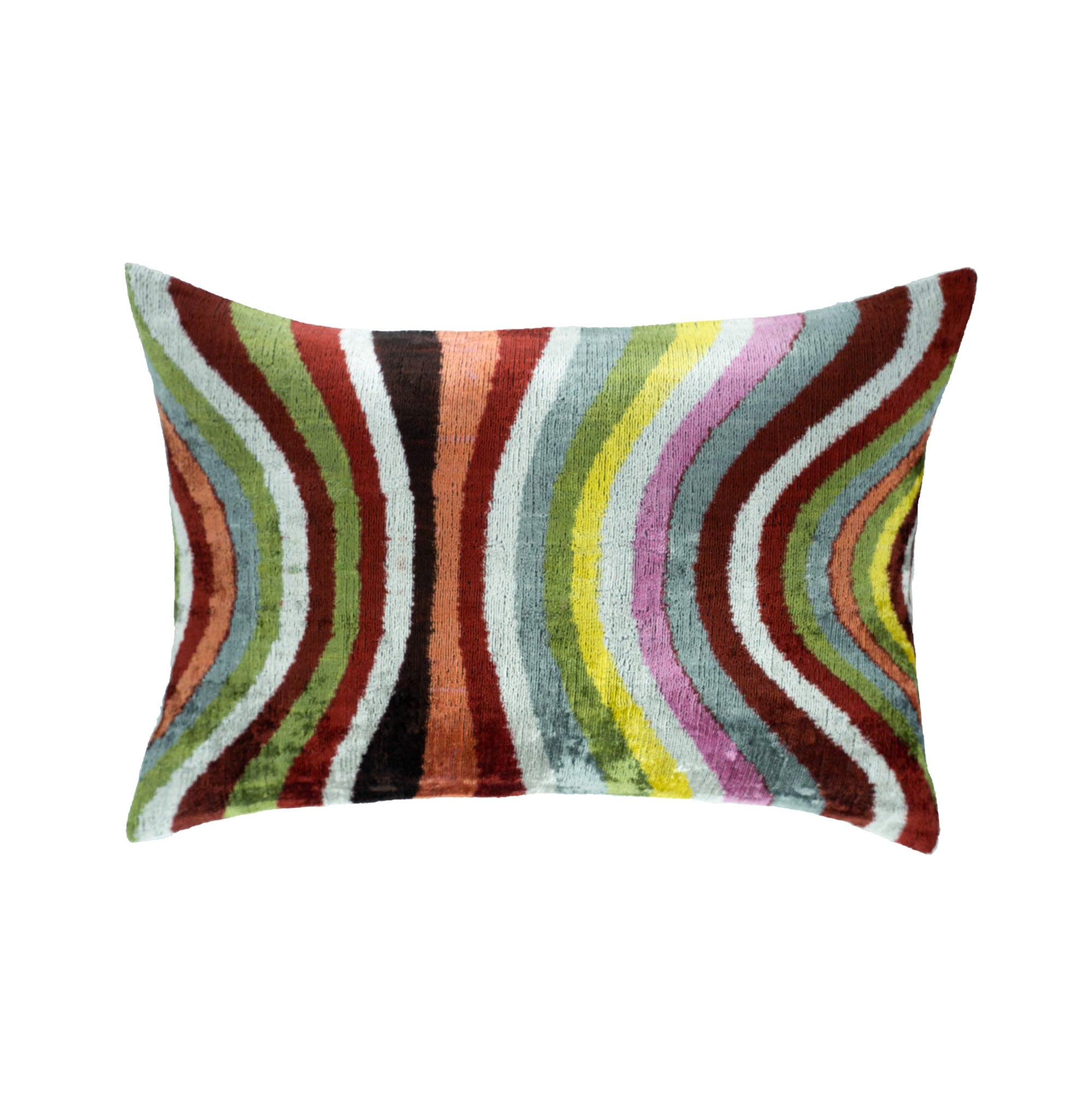 Colorful wavy striped silk velvet ikat lumbar pillow cover, 16x24, on white background