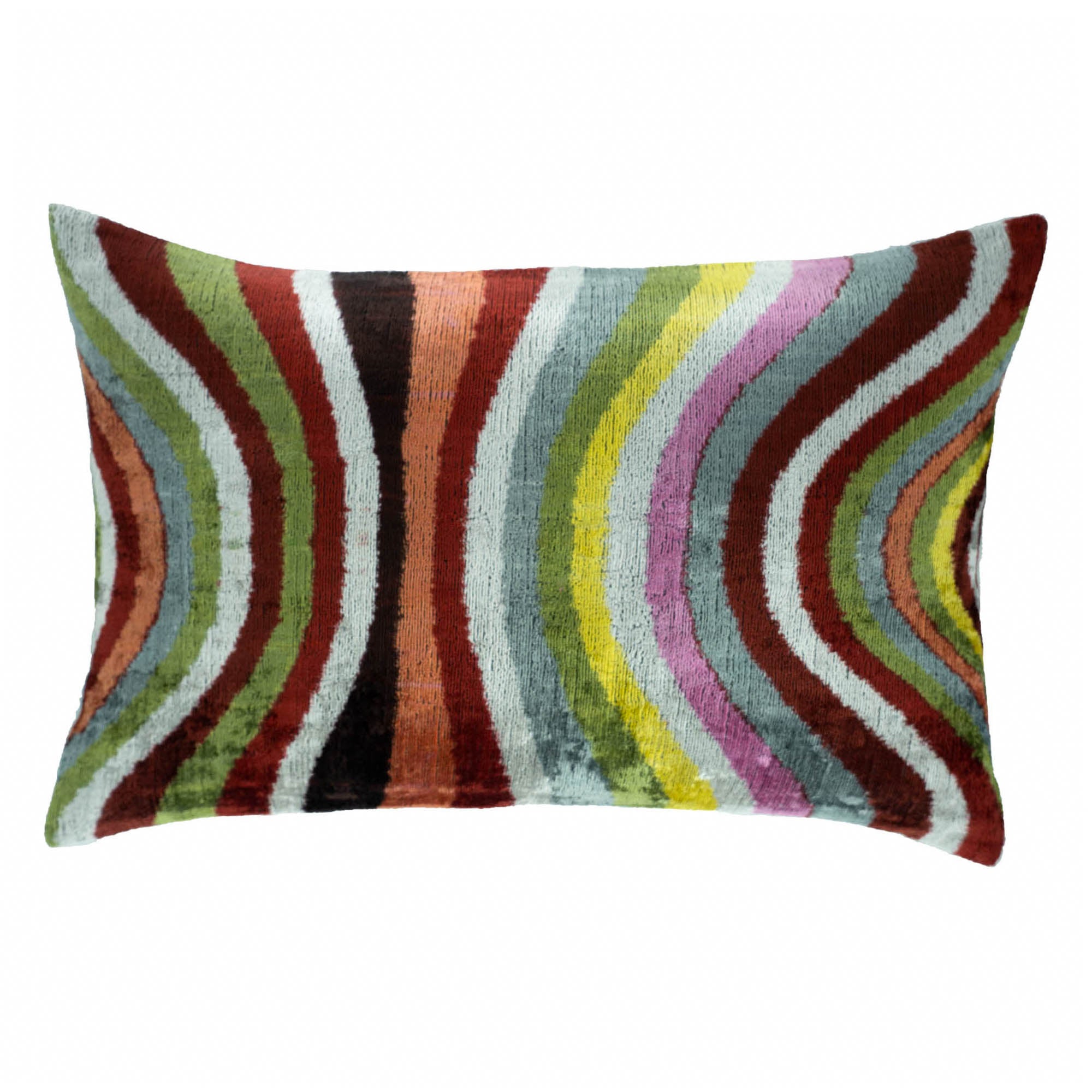 Chouchou Touch Pauli Silk Velvet Ikat Pillow, 16" x 24", featuring vibrant wavy patterns in multicolor stripes.
