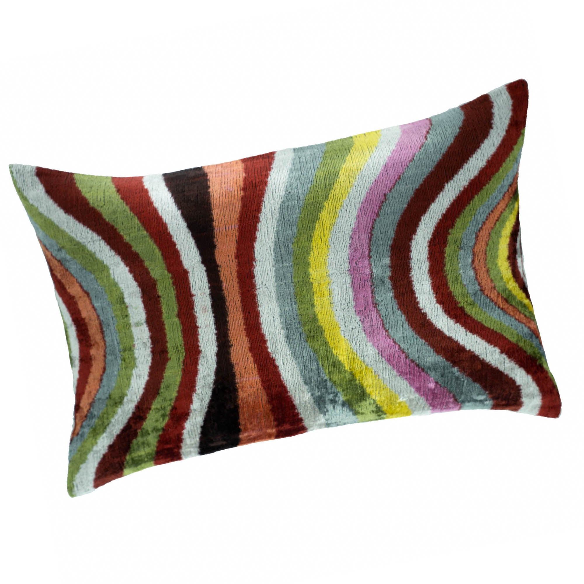 Handmade Ikat pillow in 16" x 24" size, crafted from luxurious silk velvet with bold curved stripe designs.
