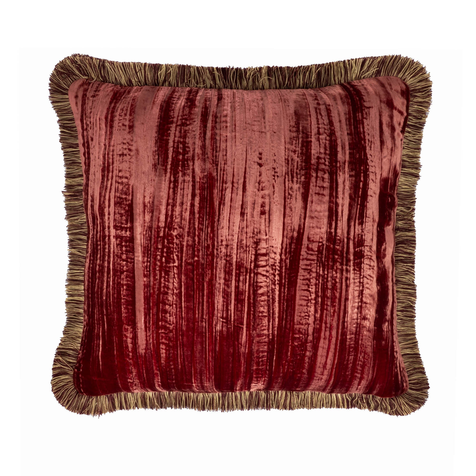 Chouchou Touch Red Velvet Throw Pillow, 20 x 20, double-sided with handmade fringes, designed to enhance the elegance and tactile appeal of your living room.