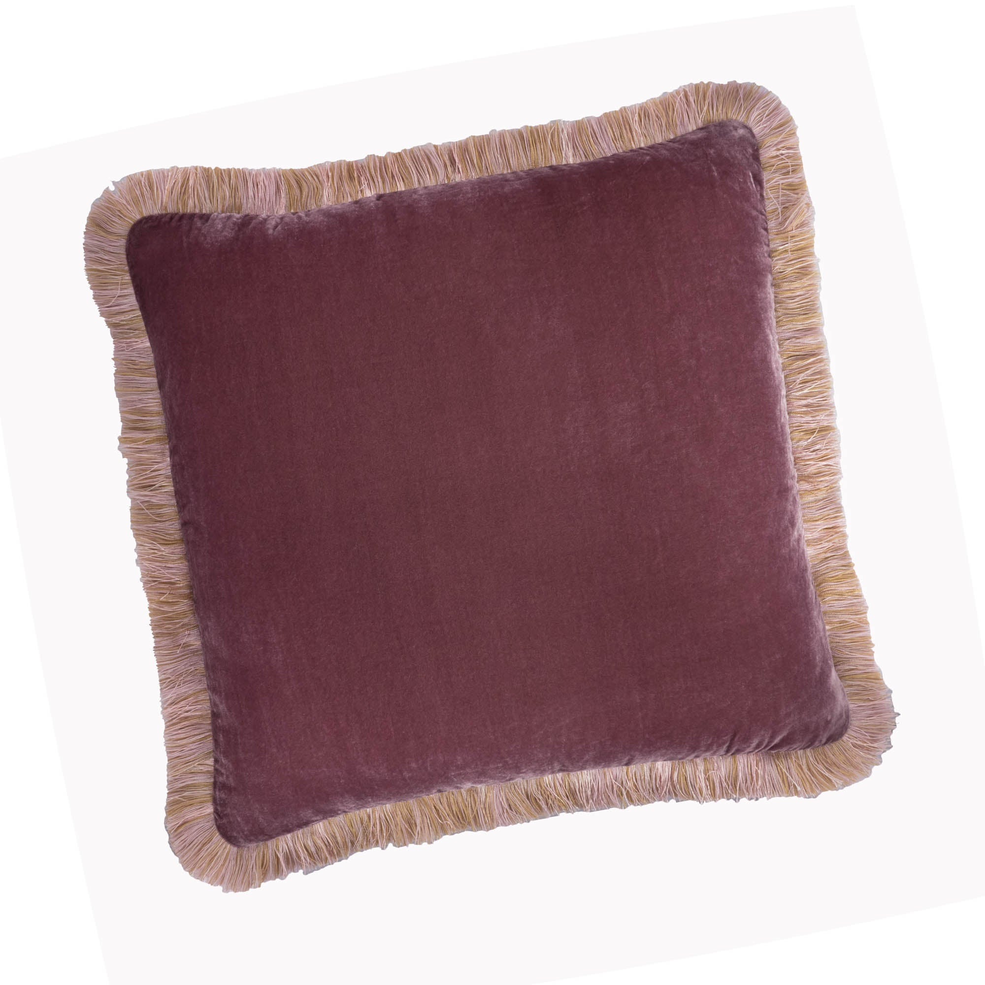 Chouchou Touch Rose Fringed Pillow, 20 x 20, with double-sided silk velvet and handmade fringes, designed to elevate the comfort and style of your sofa.