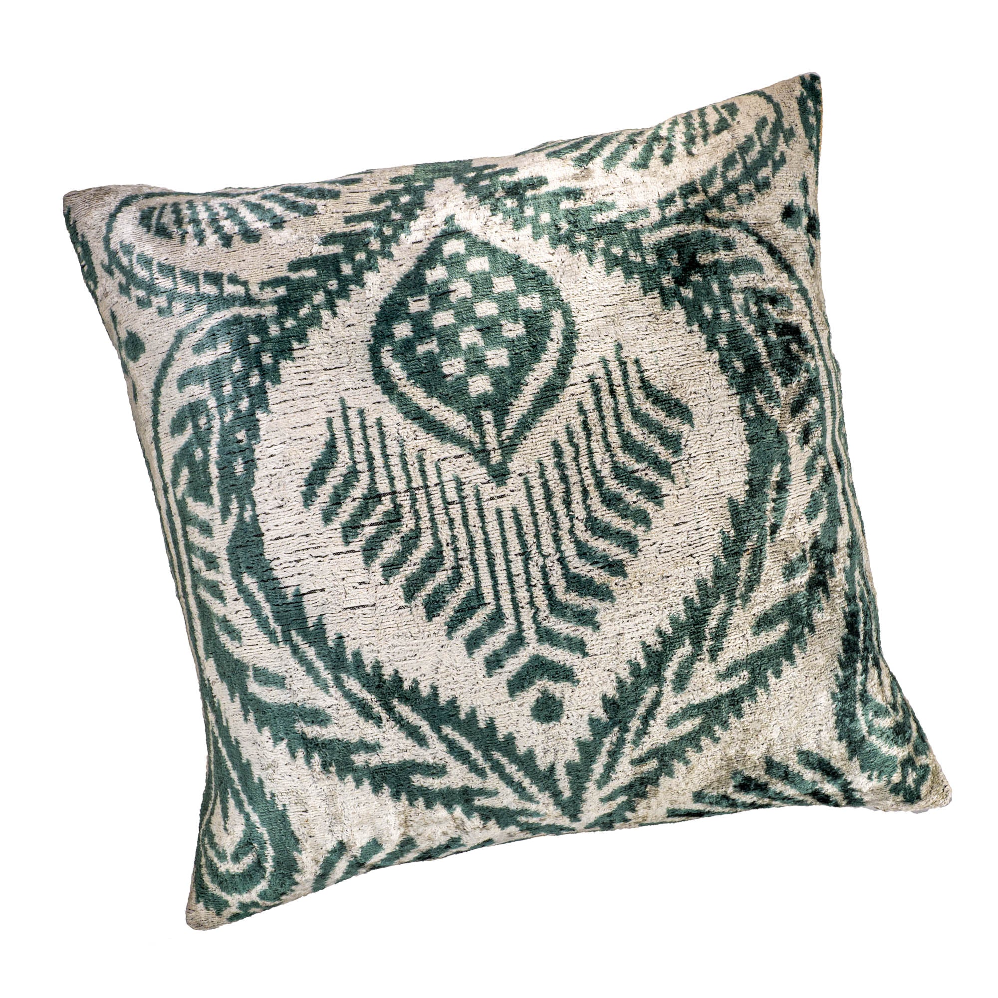 Traditional Ikat pillow cover featuring Silver Palms patterns, crafted for timeless elegance and durability.
