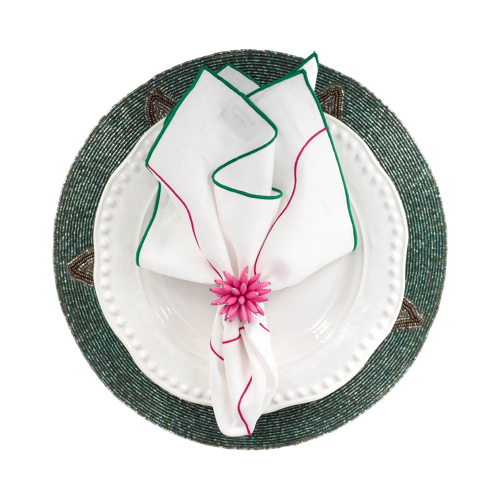 Close-up of Starfish glass beaded placemat with vibrant beads in turquoise, white, green, and red, backed with cotton lining.