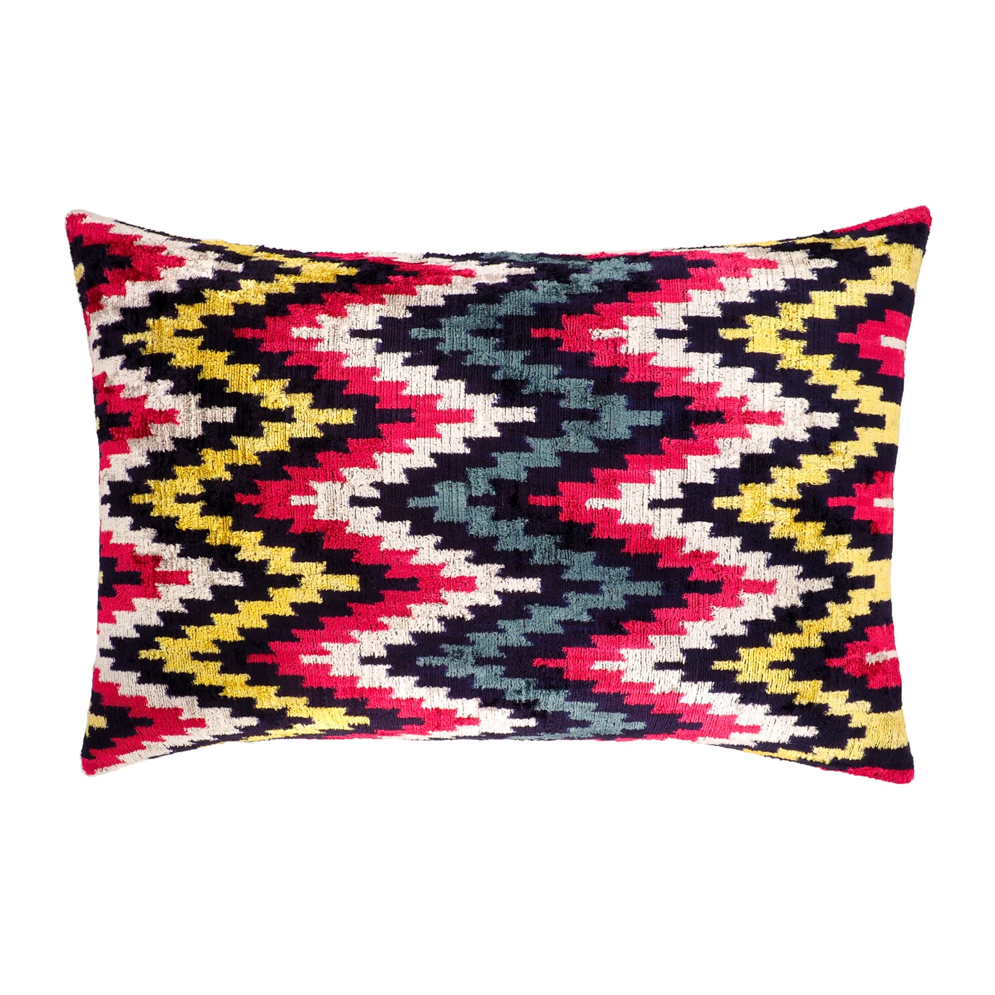 Ayahuasca Silk Velvet Ikat Pillow, 16 x 24, offering a unique combination of deep Ikat patterns and luxurious velvet, adding cultural elegance to your home decor.