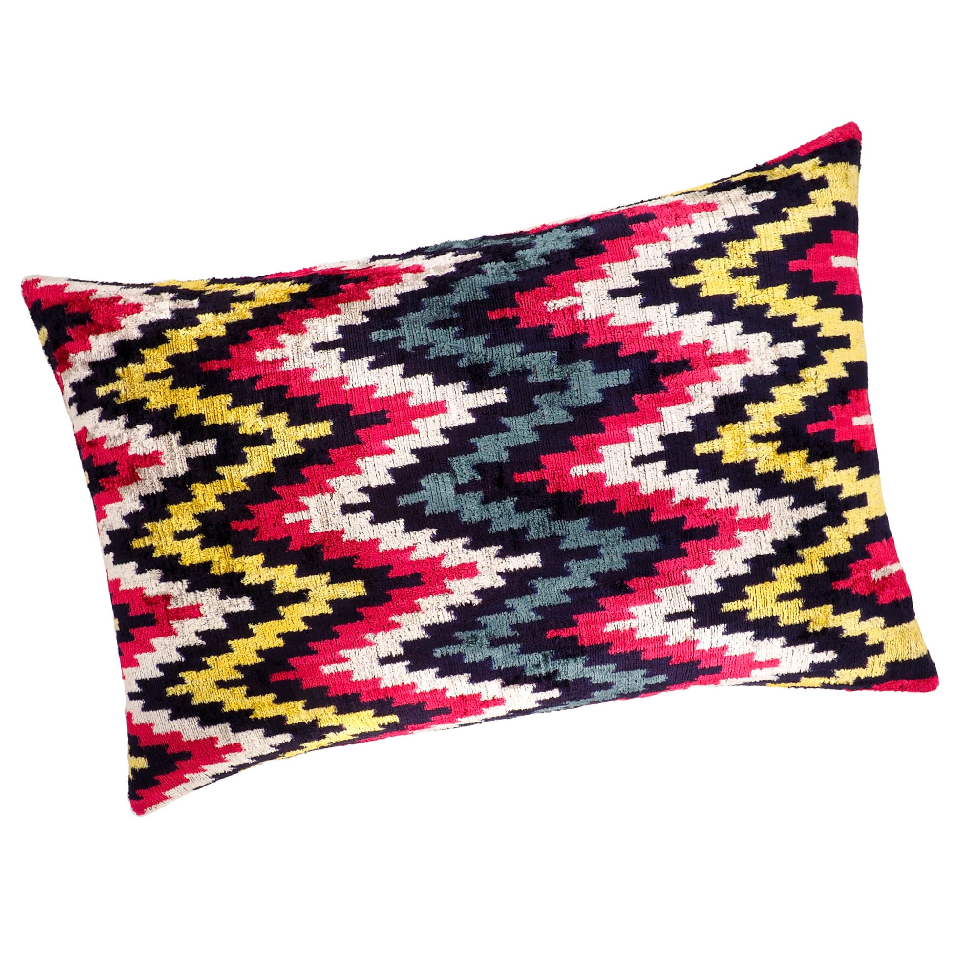 Chouchou Touch Ayahuasca Silk Velvet Ikat Pillow, 16 x 24, with bold and colorful Ikat designs, meticulously crafted to bring a sense of luxury and tradition to any space.