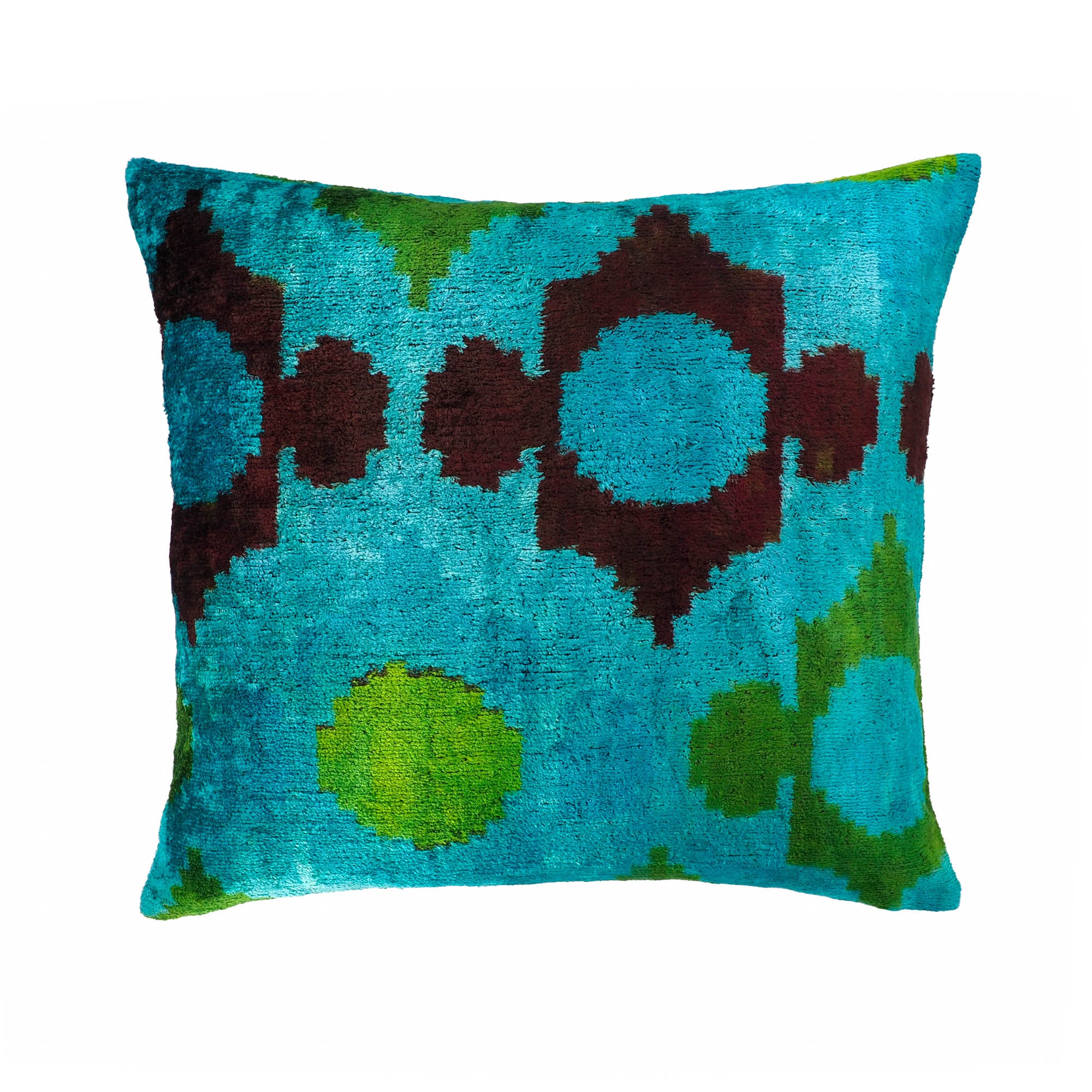 Chouchou Touch Azure Silk Velvet Ikat Pillow Cover, 20 x 20, designed with beautiful handwoven patterns and vibrant blue tones, perfect for modern and traditional interiors.