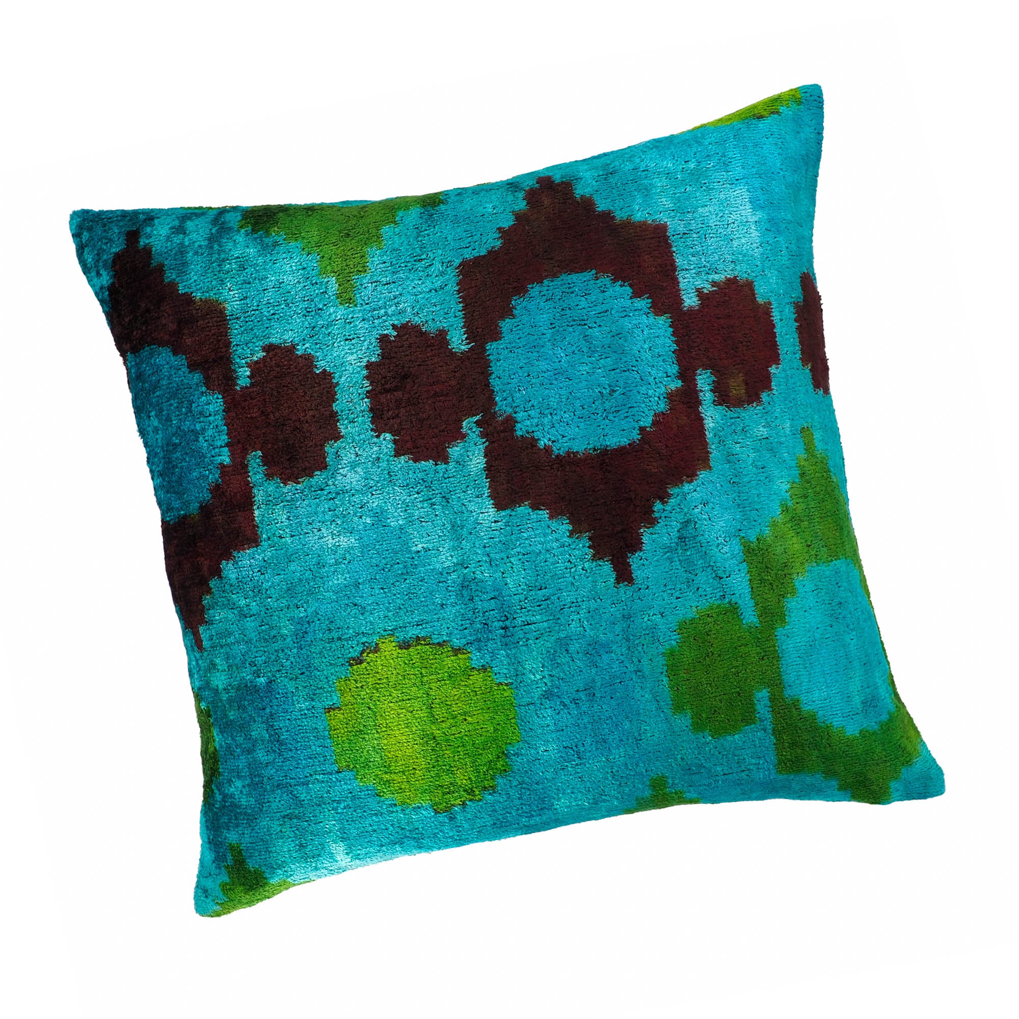 Azure Silk Velvet Ikat Throw Pillow Cover, 20 x 20, combining intricate Ikat motifs with plush velvet fabric for a unique and elegant decorative piece.