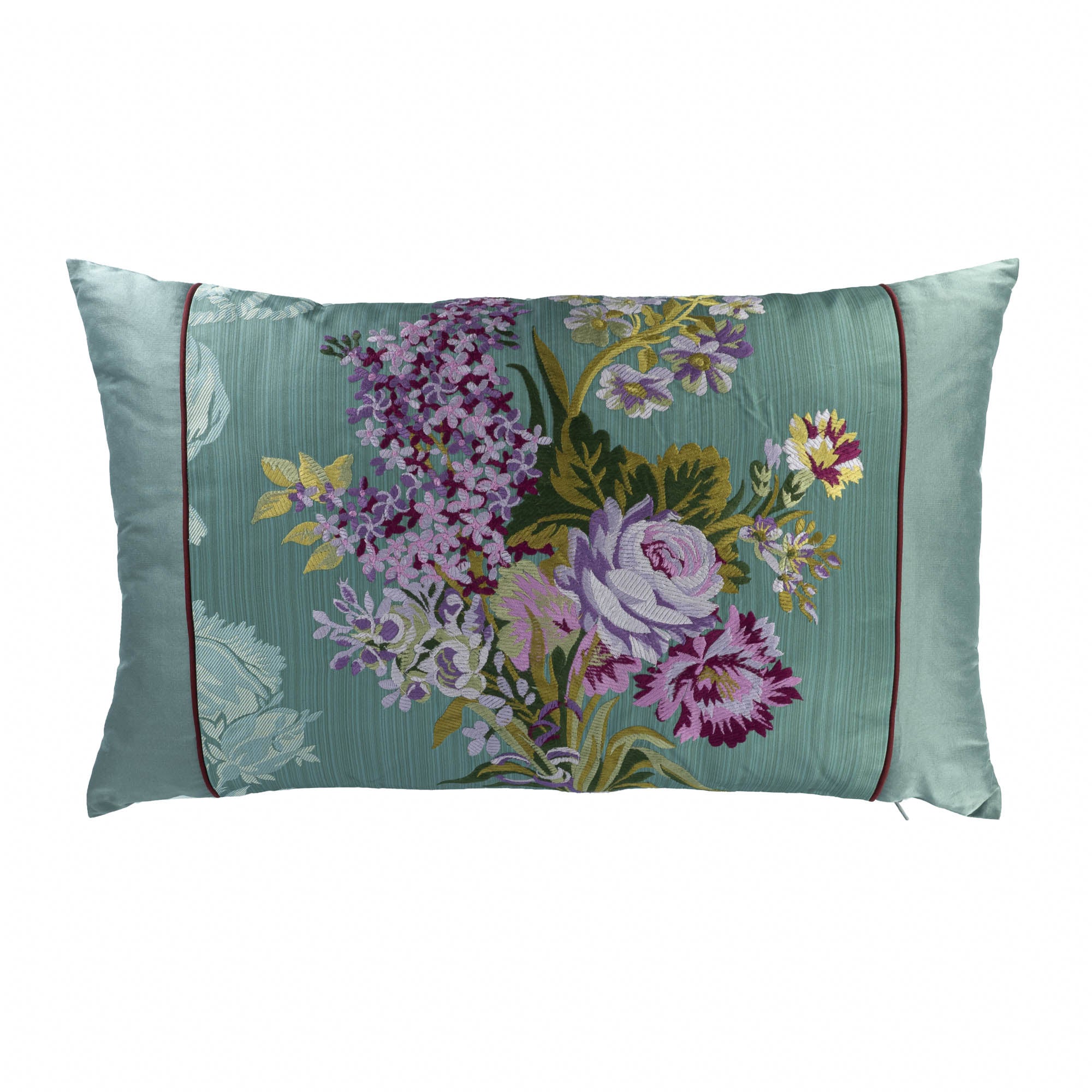 Chouchou Touch Bara Throw Pillow Cover, 12" x 20", made with satin and cotton fabric, decorated with hand-embroidered floral accents for refined decor.