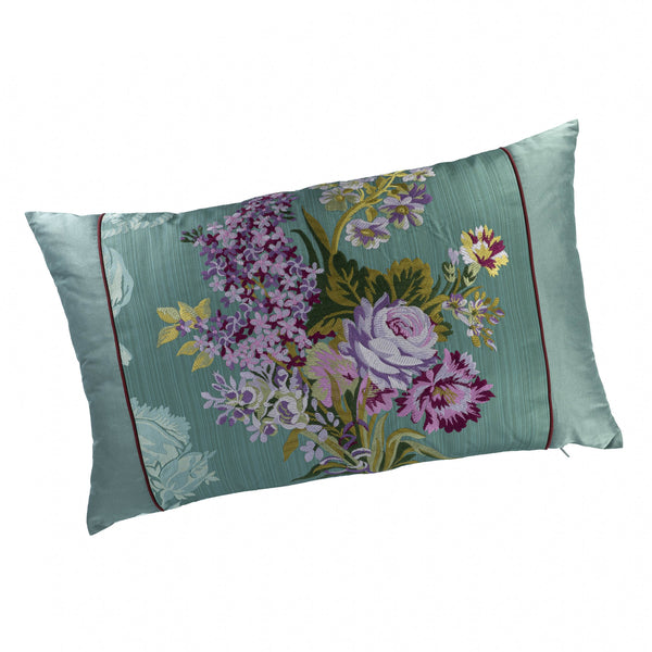 Chouchou Touch Green Satin Throw Pillow With Hand Made Violet Purple Floral Embroideries