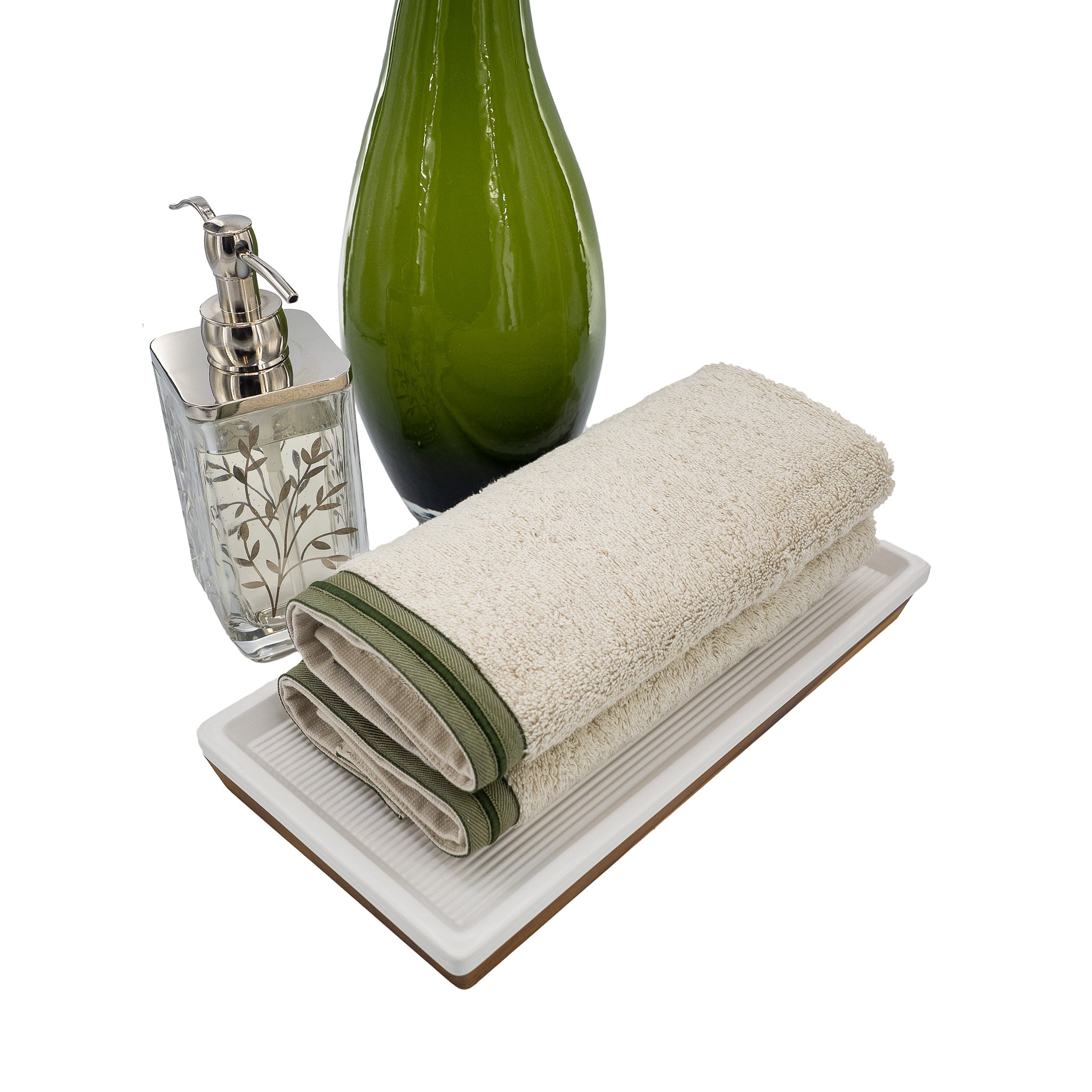 Beige Guest Towels With Green French Borders Set of 2