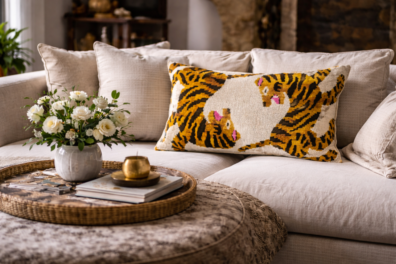 Bengali ikat velvet throw pillow styled on an elegant sofa with neutral tones, adding color and texture to a sophisticated interior