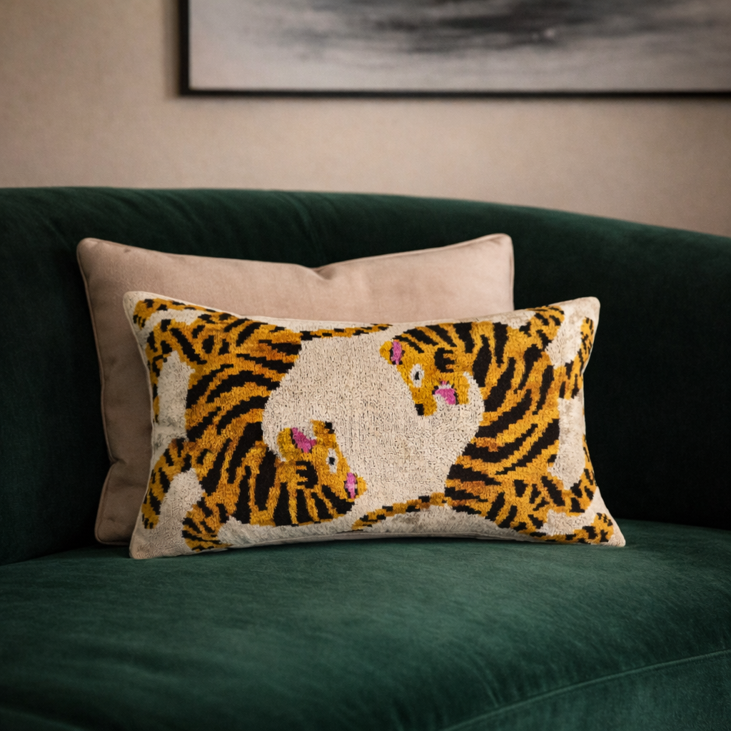 Silk velvet ikat lumbar throw pillow 16x24 styled on a green sofa, bold decorative accent cushion in a modern interior