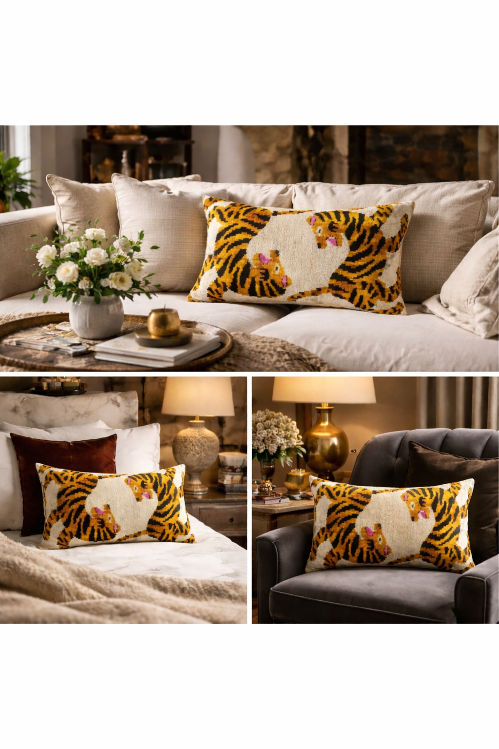 Silk velvet ikat lumbar throw pillow 16x24 styled in multiple interiors including sofa, bed, and armchair settings, luxury decorative cushion