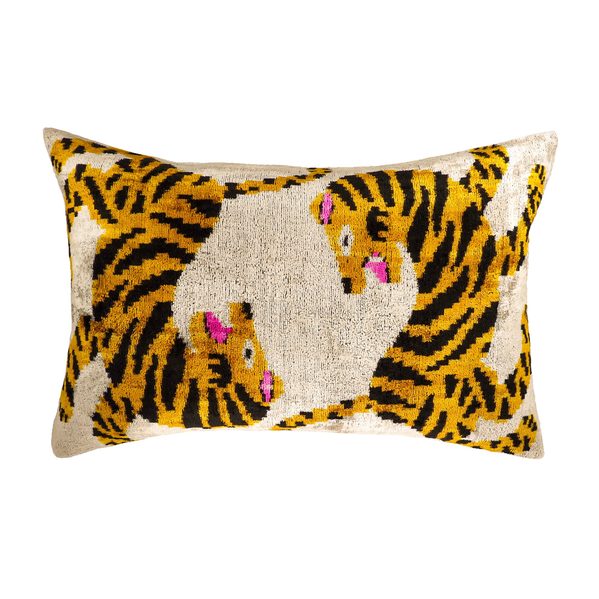 Bengali silk velvet ikat throw pillow cover on white background, handcrafted decorative cushion in rich multicolor pattern