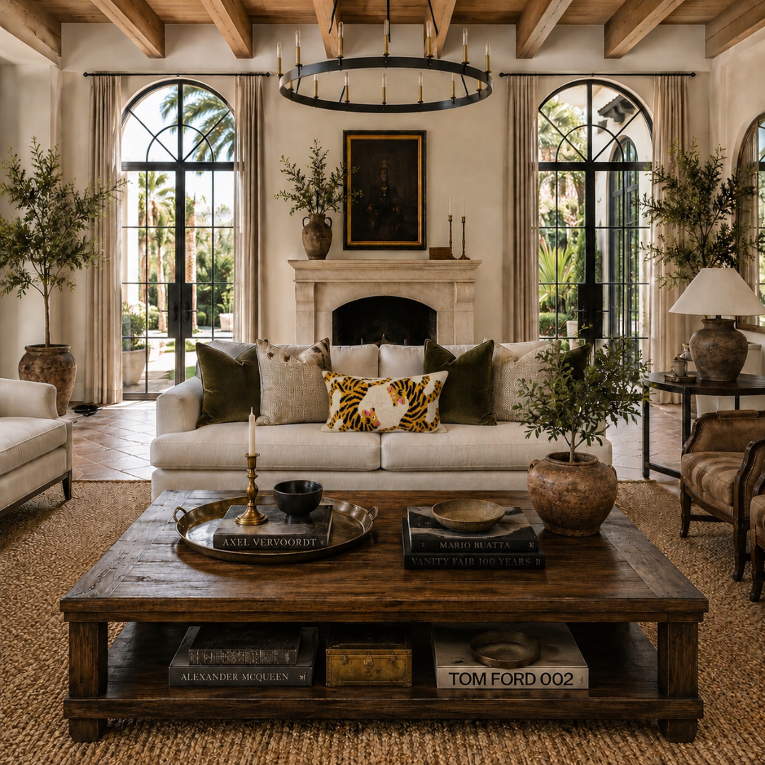 Handcrafted Bengali silk velvet accent pillow styled on a sofa in a sophisticated coastal-inspired living room.