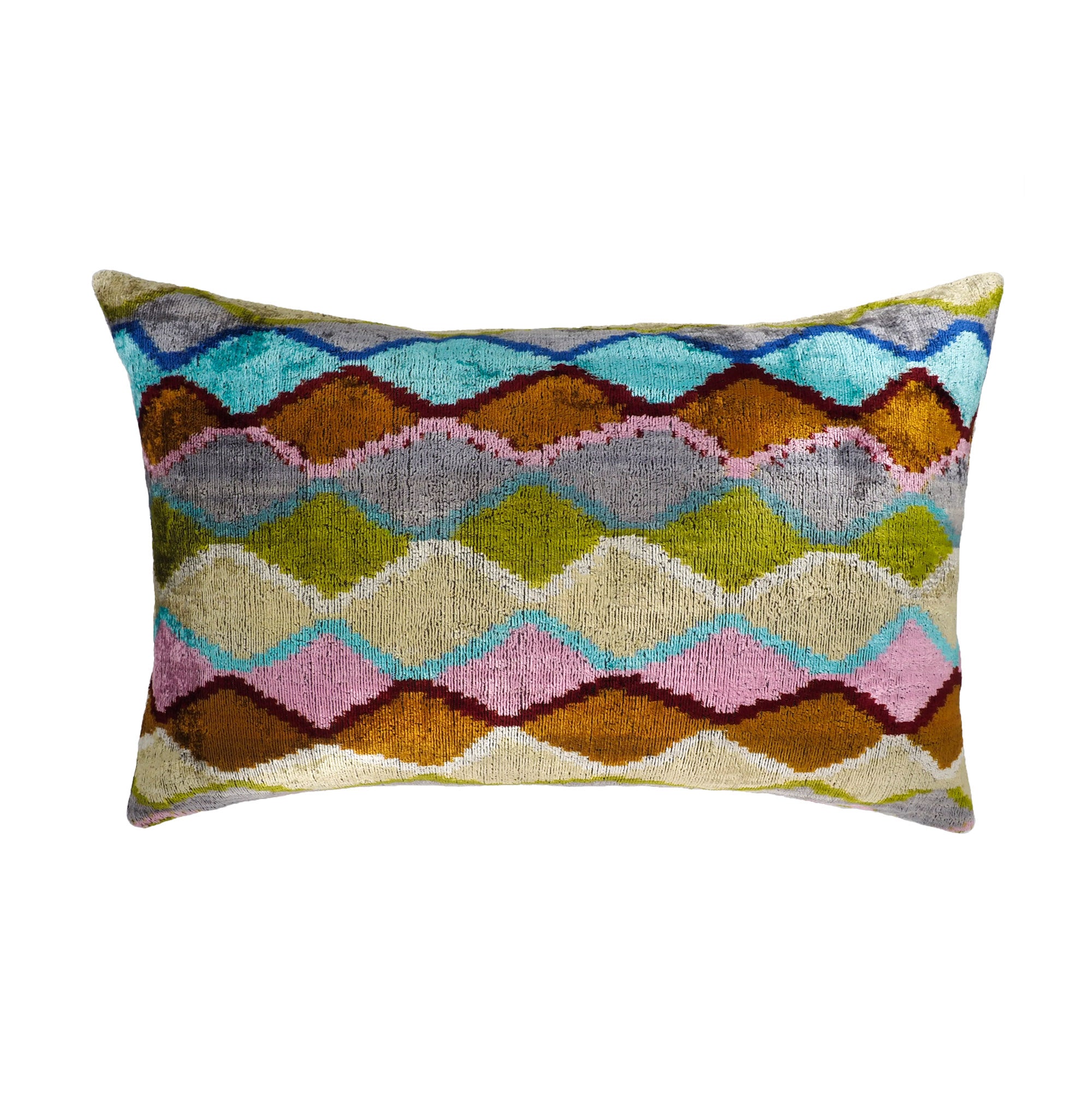 Multicolor silk velvet ikat lumbar pillow cover with geometric pattern, 16 x 24 decorative throw pillow on a white background
