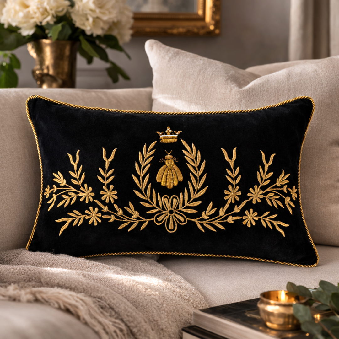 Black velvet lumbar pillow with gold bee embroidery and decorative floral design, styled on a cream sofa in a sophisticated living room.