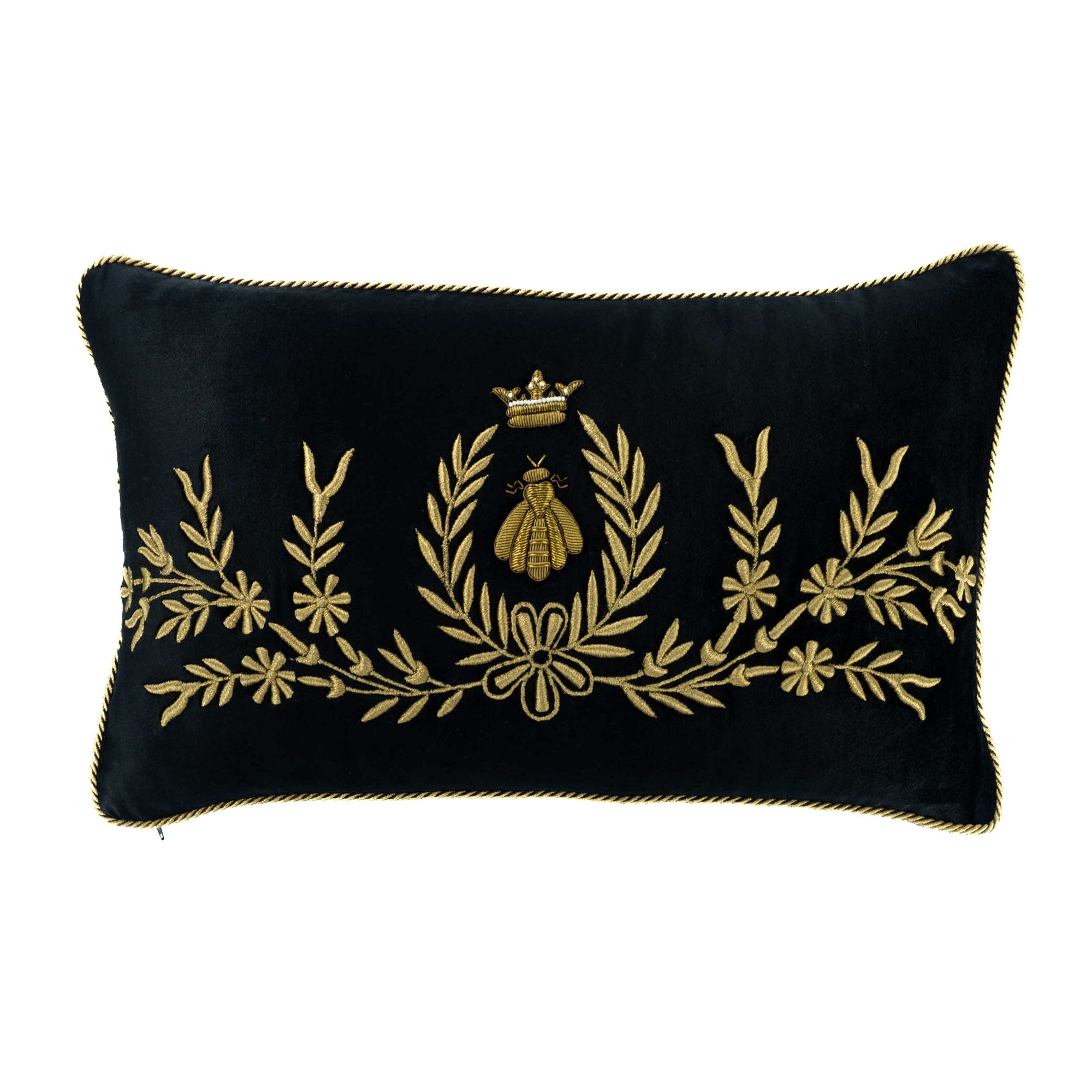 Black silk velvet bee pillow cover with gold embroidery decorative accent pillow