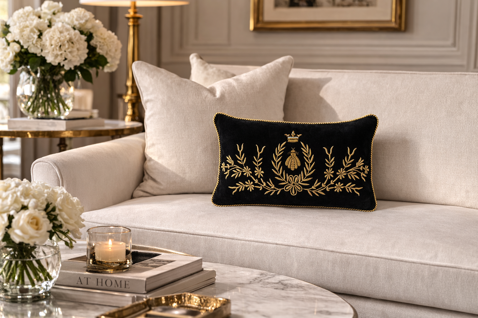 black velvet lumbar pillow with gold embroidered bee and laurel wreath design on a cream sofa in an elegant living room