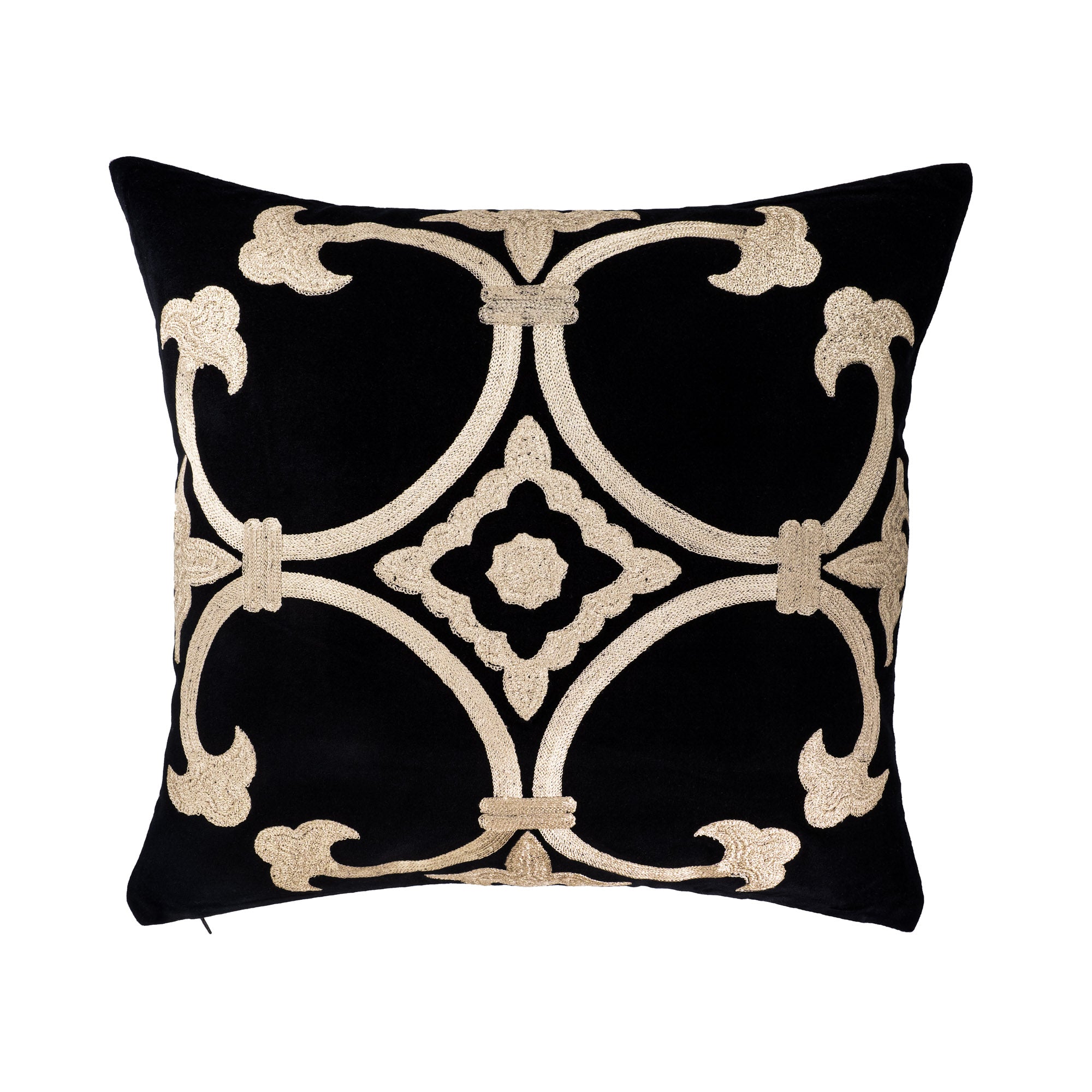 Front view of black linen pillow with natural embroidery from the Palazzo Collection by ChouChou Touch on a white background