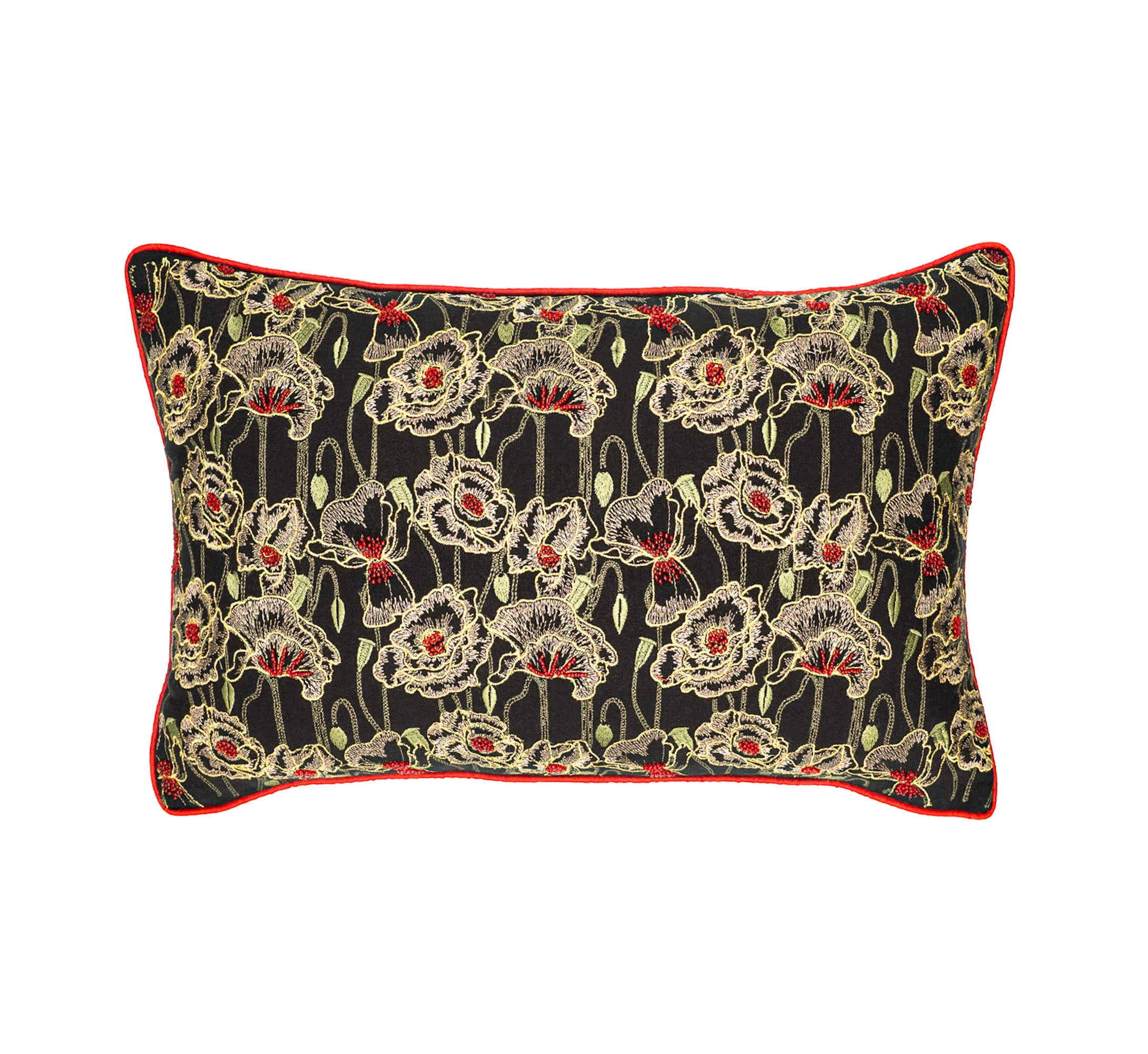 Black orchid floral linen lumbar pillow cover with red piping, 12x20 decorative throw pillow on white background