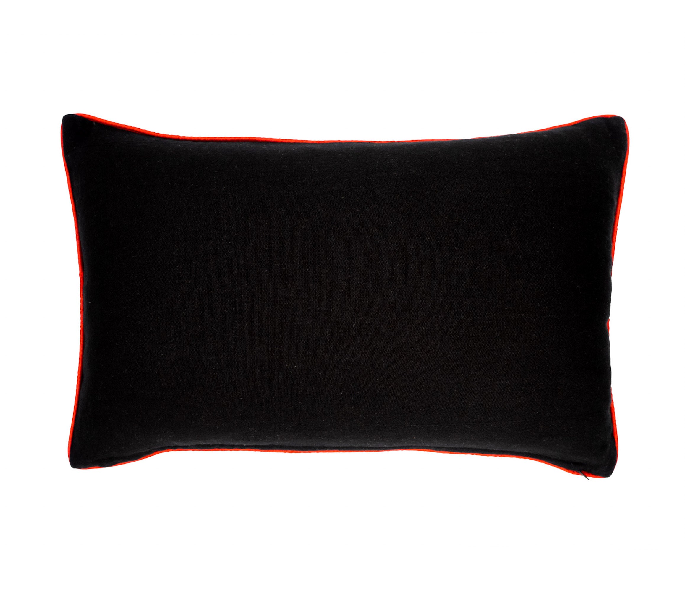Back side of black velvet lumbar pillow cover with burgundy red piping, 12x20 decorative cushion on white background