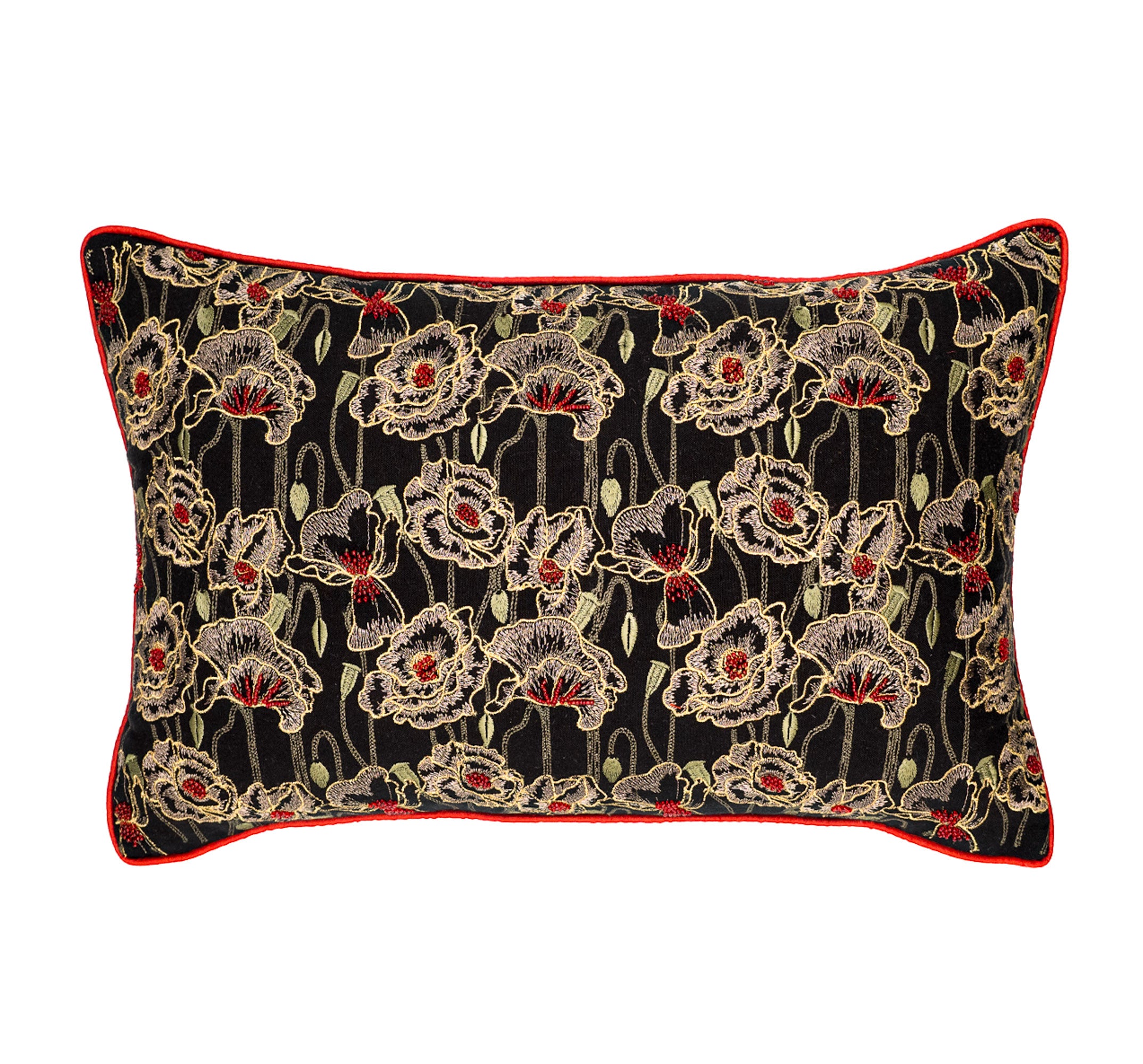 Black orchid floral linen lumbar pillow cover with red piping, 12x20 decorative throw pillow on white background