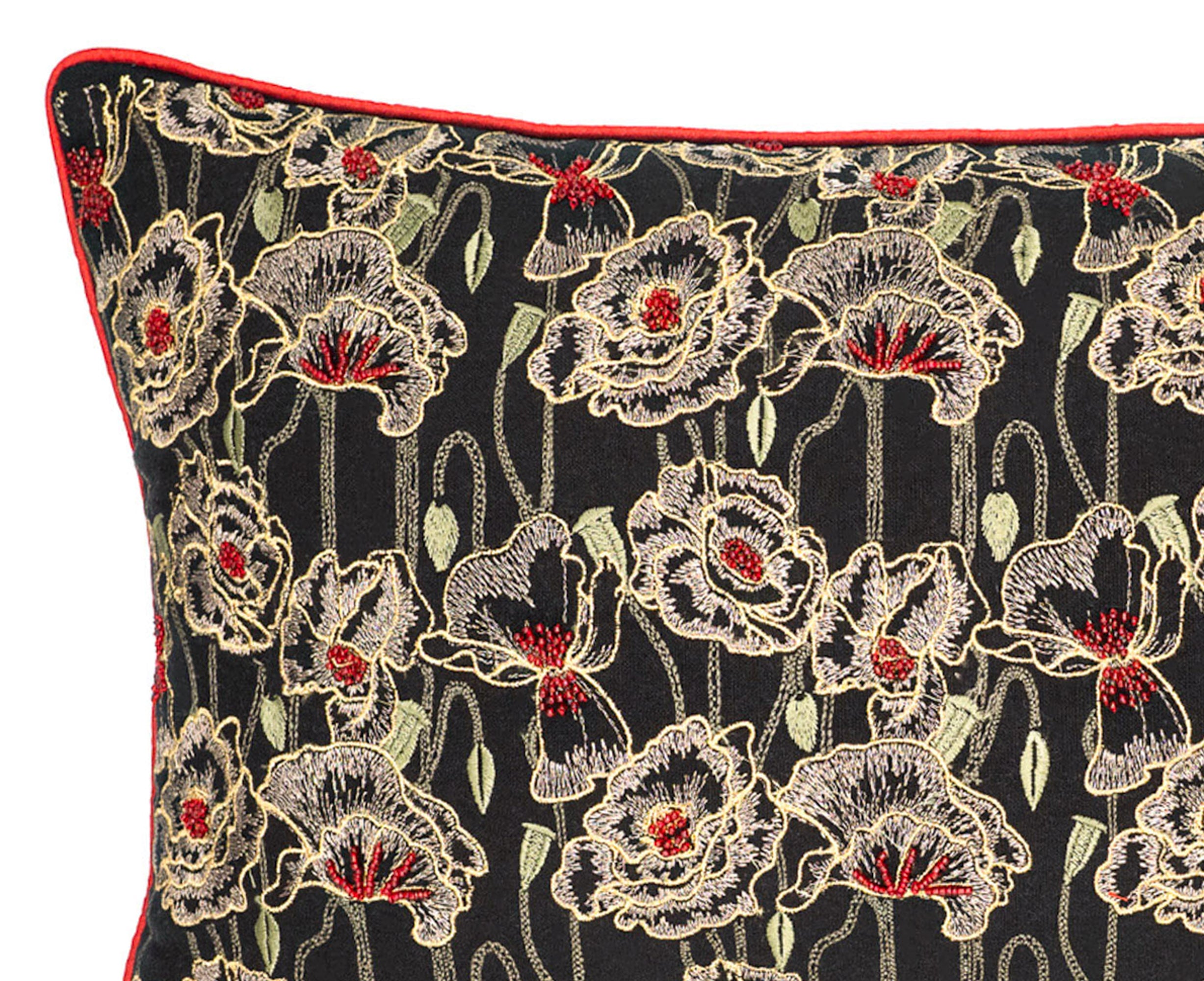 Black Orchid linen throw pillow featuring hand embroidered orchid motifs with metallic threads and refined red piping on a deep black base