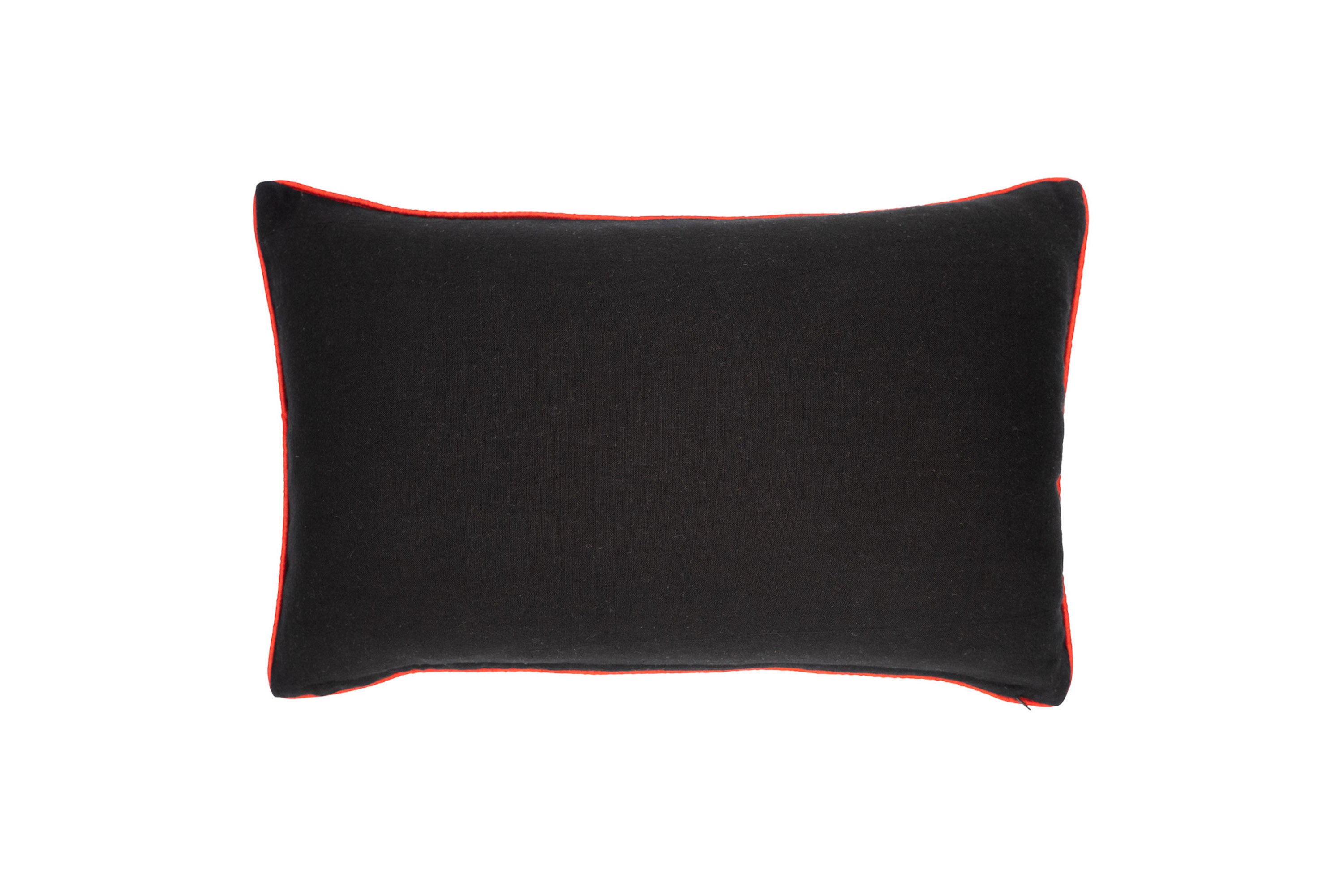 Back view of Black Orchid throw pillow made with solid black velvet fabric, offering a smooth and elegant contrast to the embroidered front