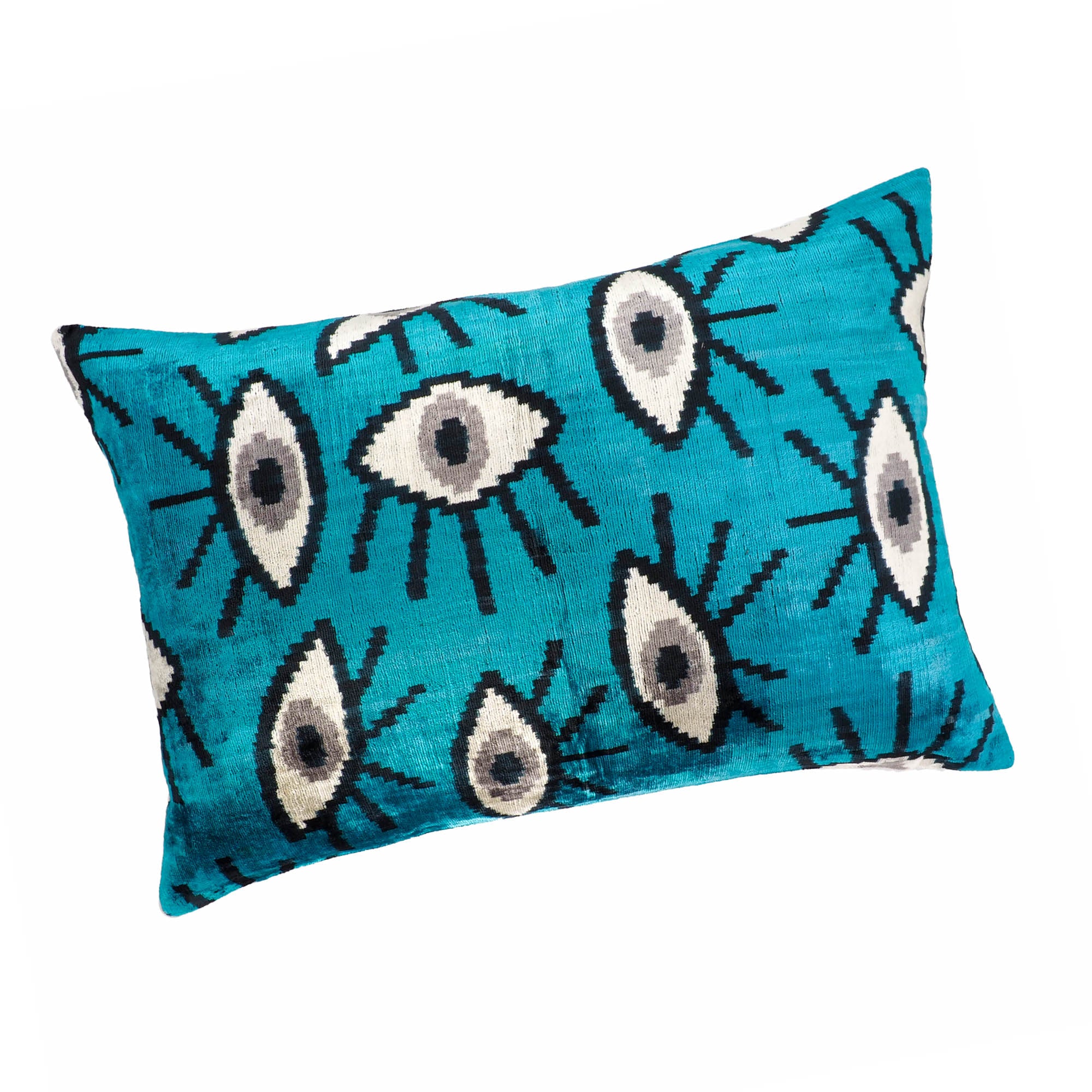 Chouchou Touch Blue Eyes Silk Velvet Ikat Pillow Cover, 16 x 24, with a stunning blue Ikat design woven into silky smooth fabric, perfect for a luxurious home accent.