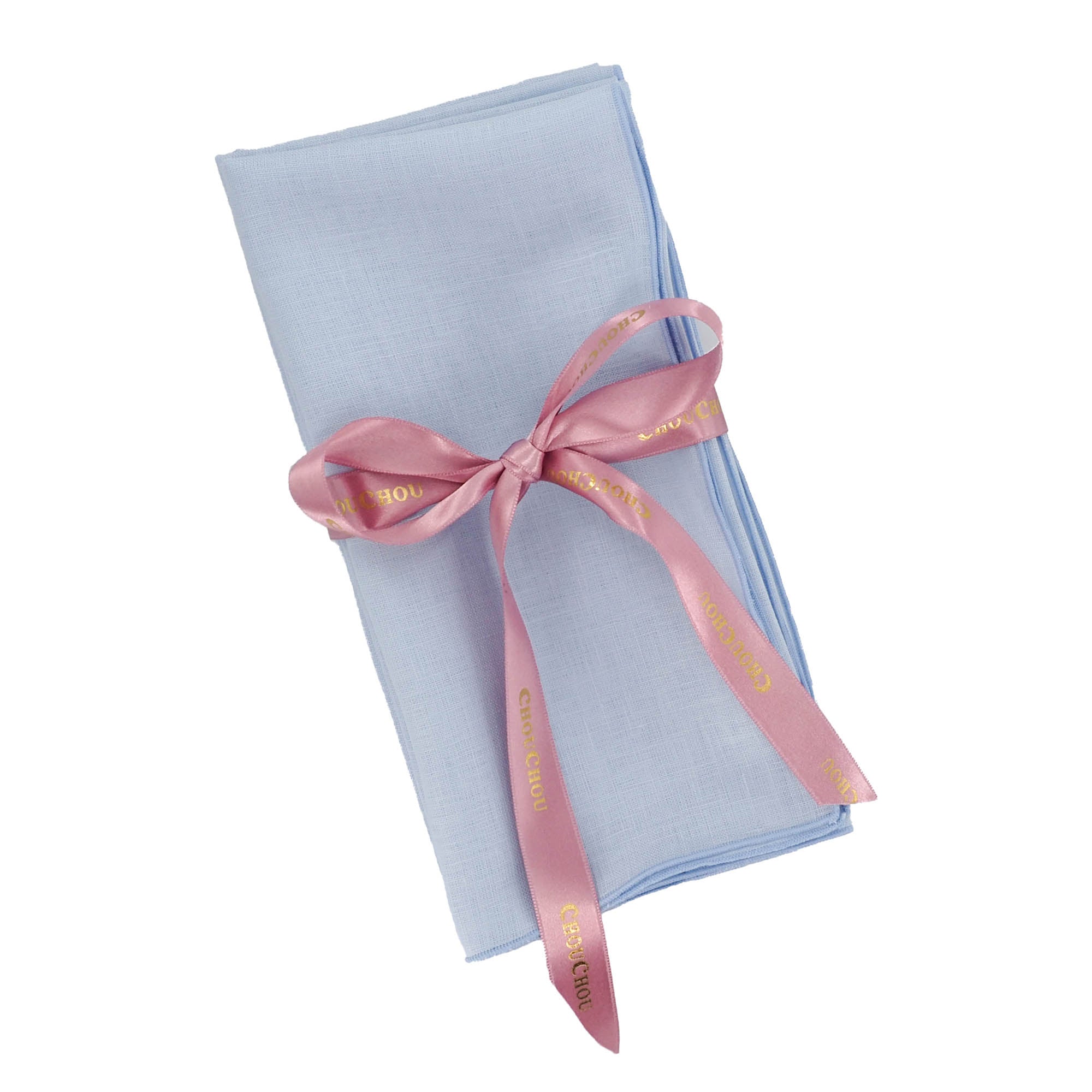 LLght blue napkin with a pink ribbon on a white background