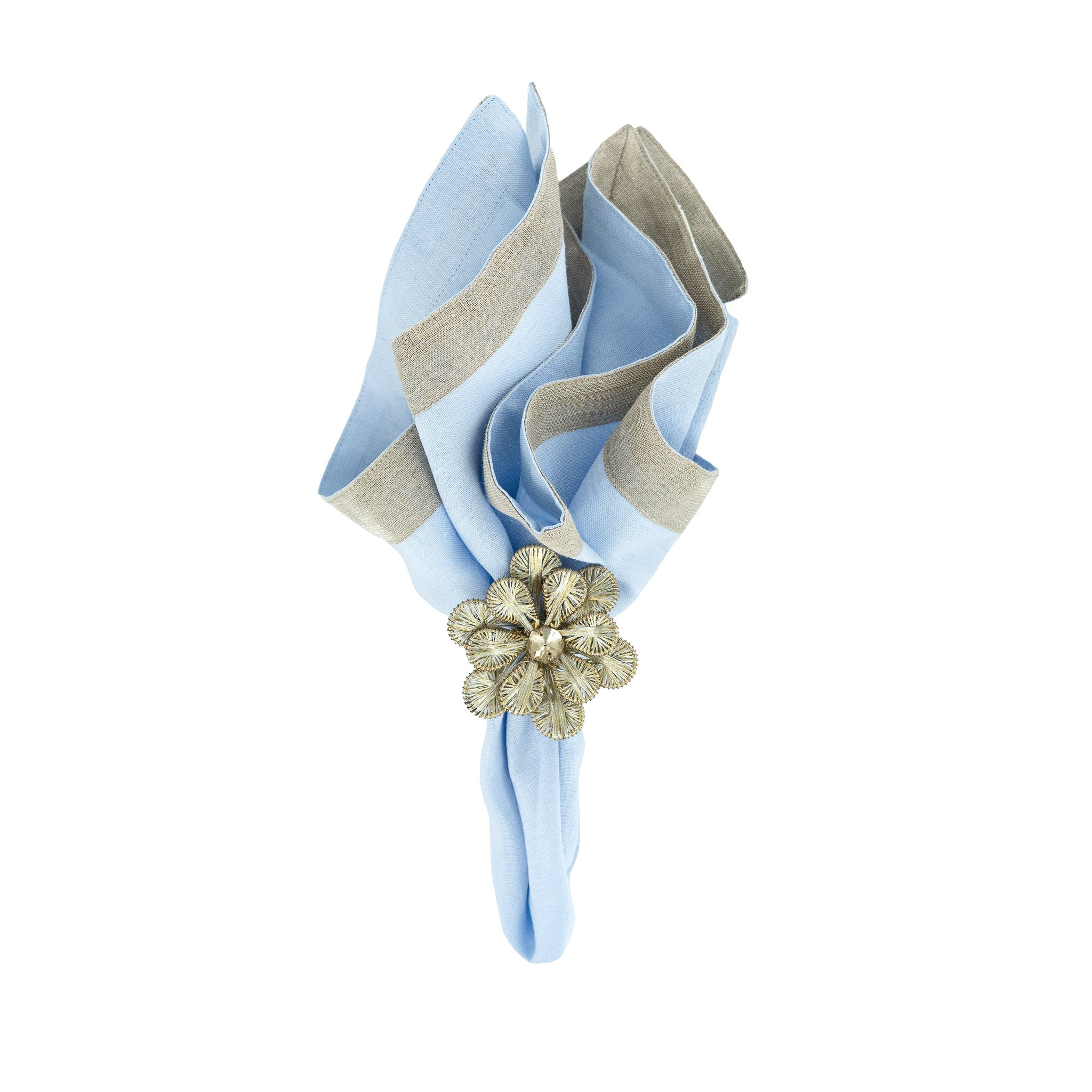 Elegant blue linen napkins with glittering sparkle borders, handmade for long-lasting quality and shine.