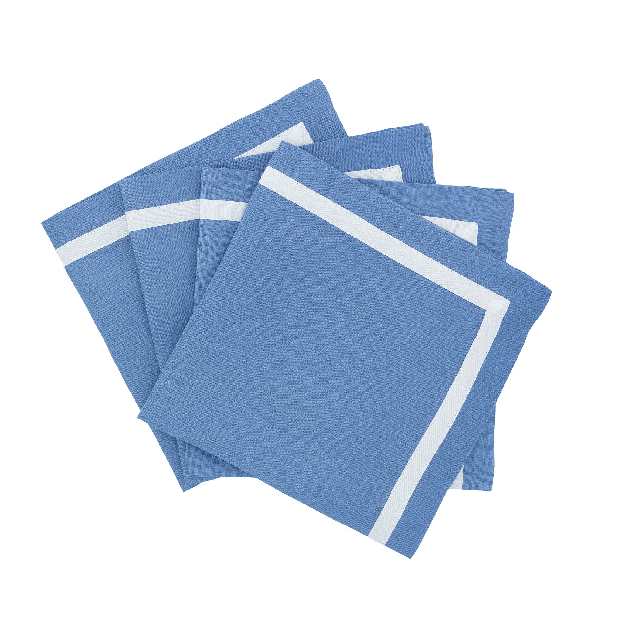 Luxurious blue linen napkins with white borders, designed to enhance your tabletops for any occasion.