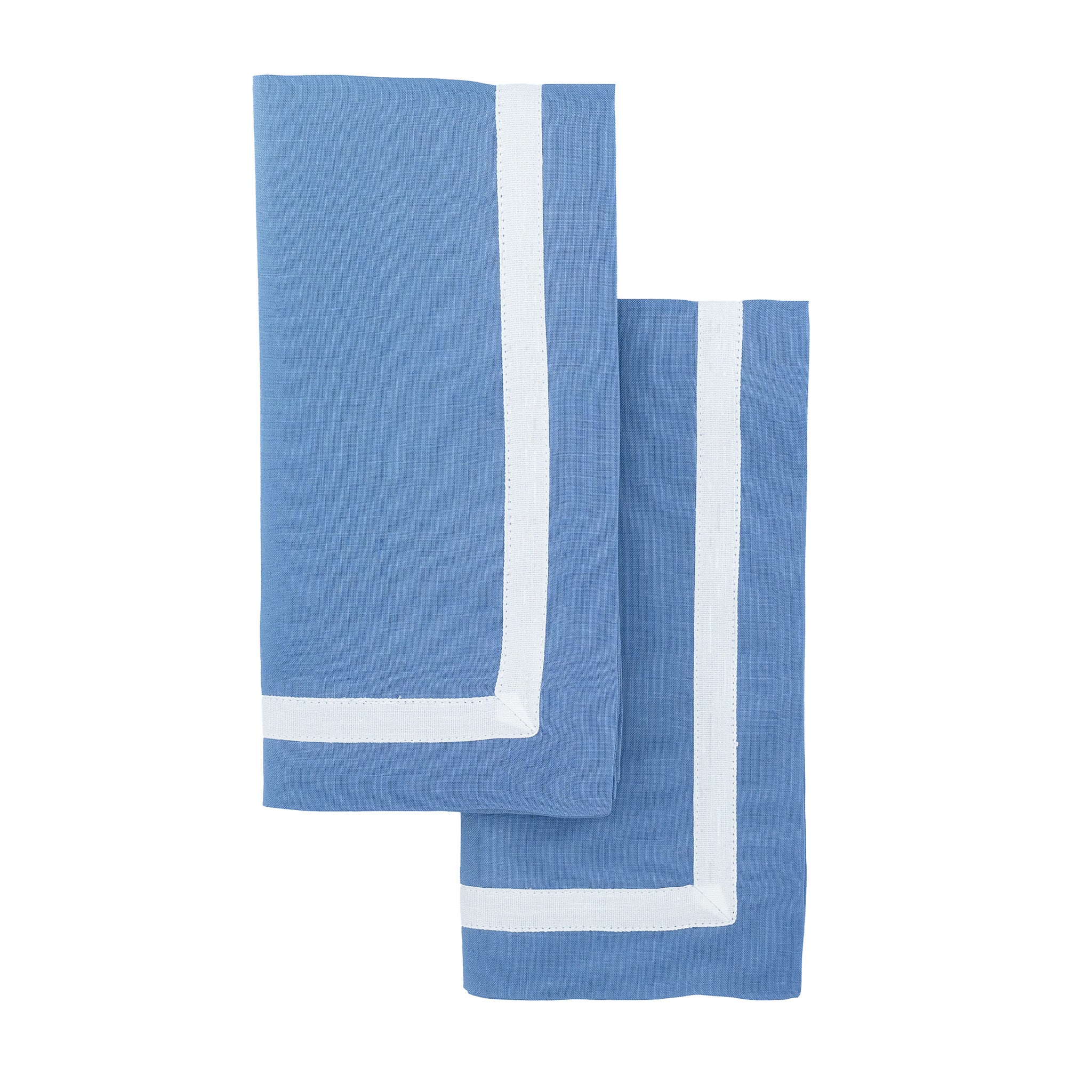 Elegant blue linen napkins with white border detailing, handmade for lasting quality and charm.