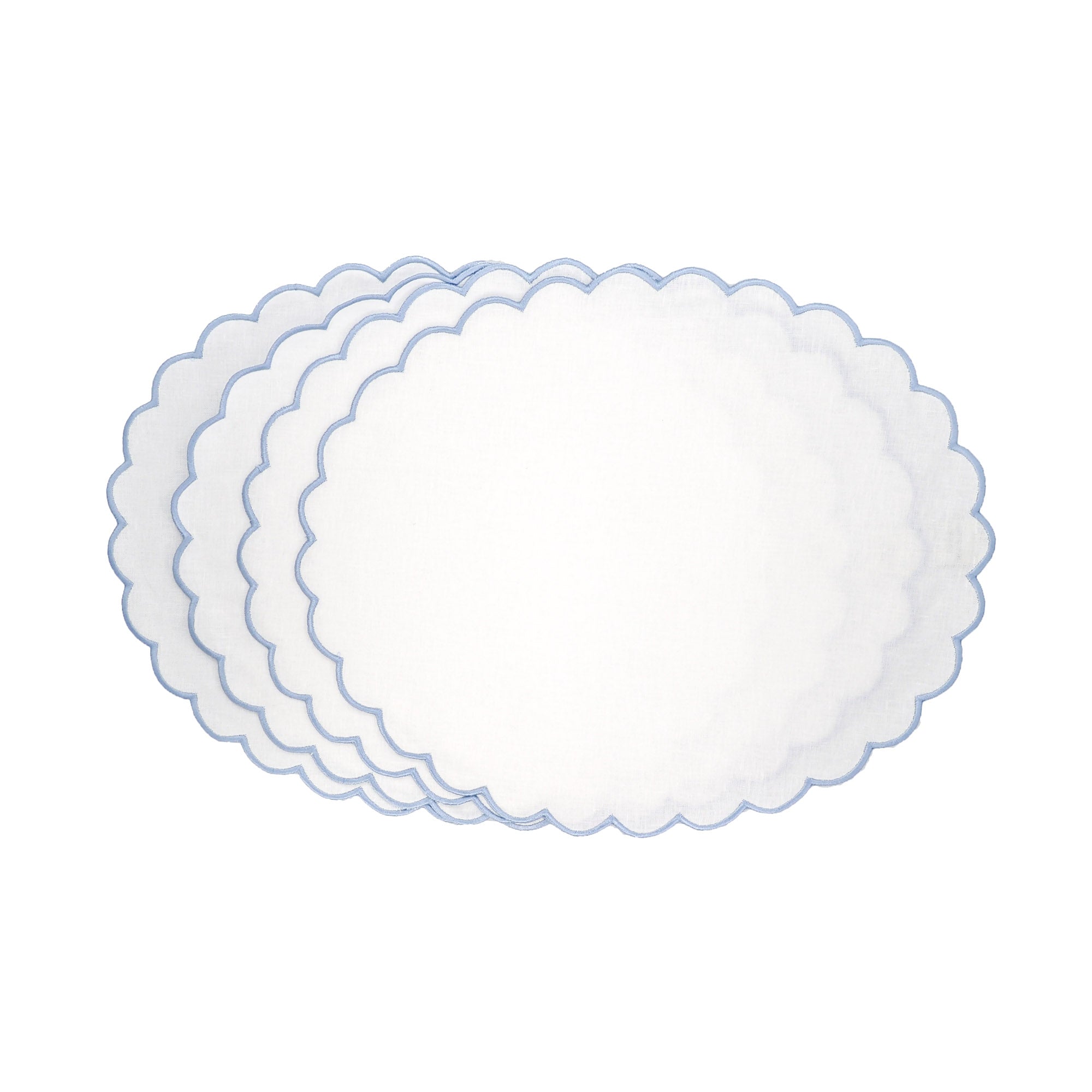 SEt of four handcrafted blue linen scalloped placemats - made from 100% premium linen - with elegant curved edges, offering timeless sophistication and luxury for weddings, formal dinners, brunch tables, and everyday entertaining.
