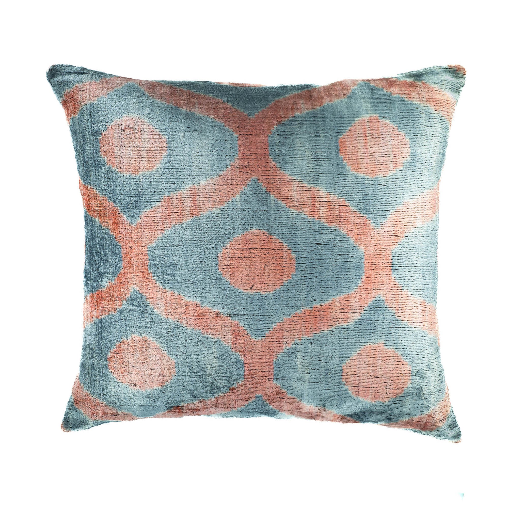 Chouchou Touch Blue Rain Silk Velvet Ikat Pillow, 20" x 20", featuring a soft blue and peach circular lattice design.
