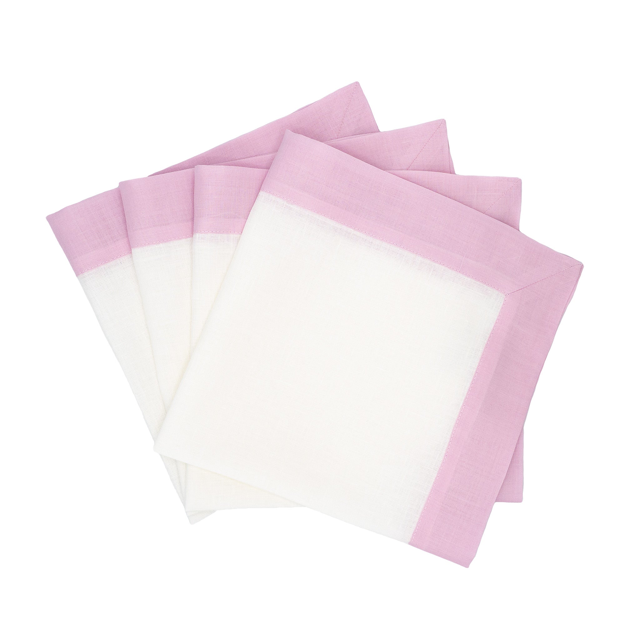 Set of 4 blush linen napkins with double-sided borders, handmade for an elegant and versatile table setting.