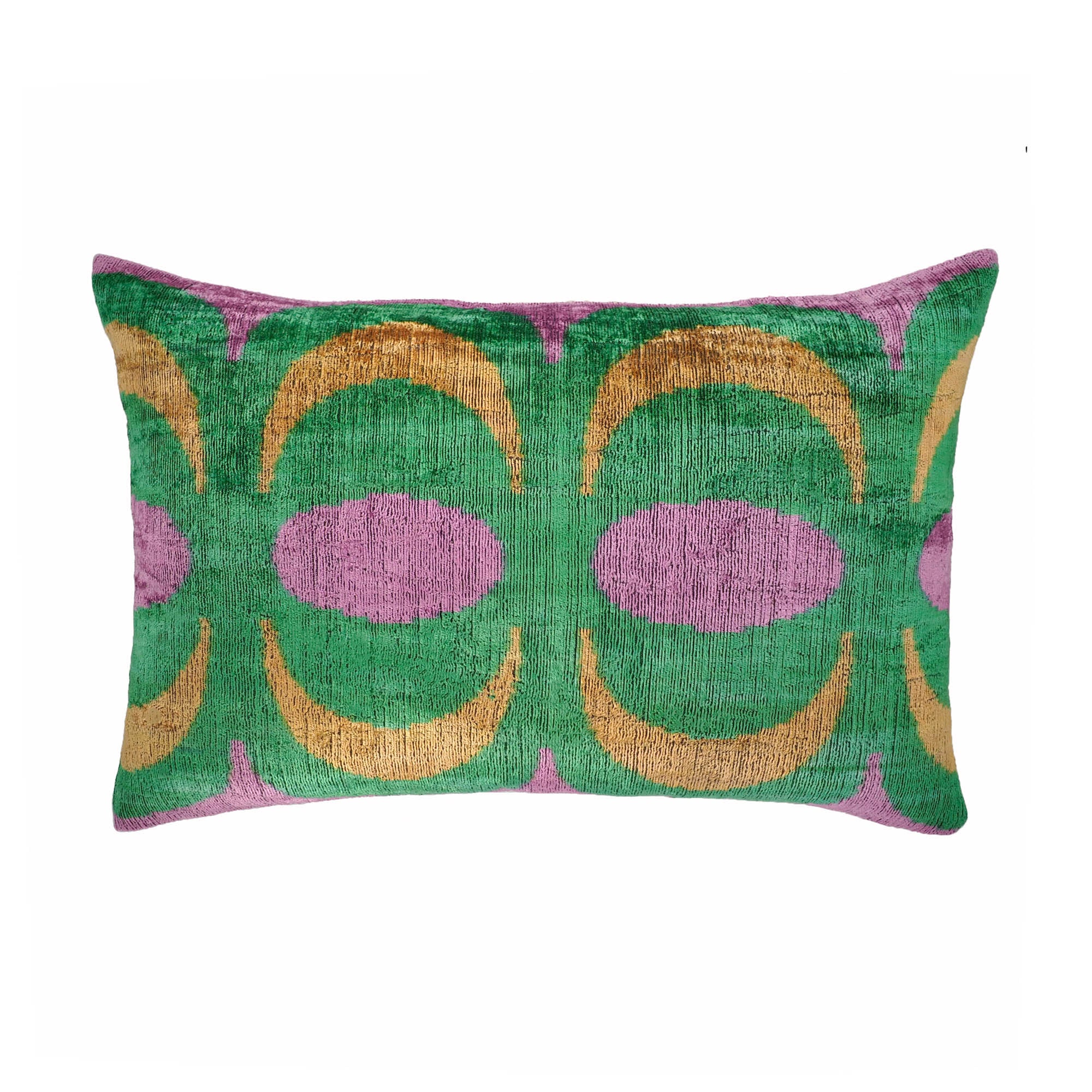 Chouchou Touch Bongo Silk Velvet Ikat Pillow, 16 x 24, featuring beautifully handwoven Ikat patterns and vibrant colors, creating a bold statement piece.