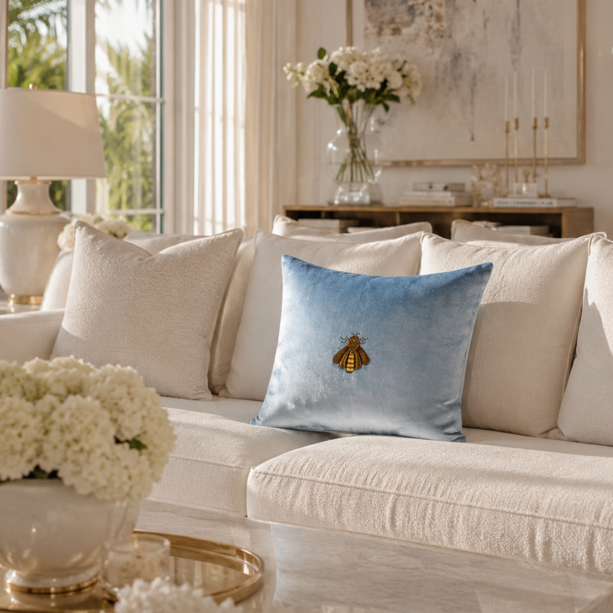 Decorative light blue silk velvet bee pillow cover styled on a cream sofa in an elegant sunlit living room