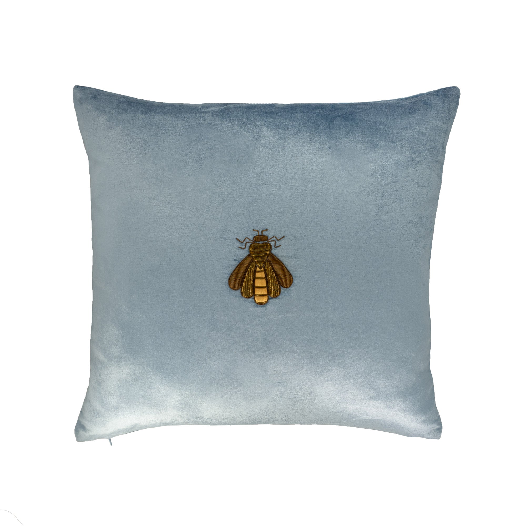 Front view of cerulean blue silk velvet throw pillow with golden bee embroidery on white background by ChouChou Touch